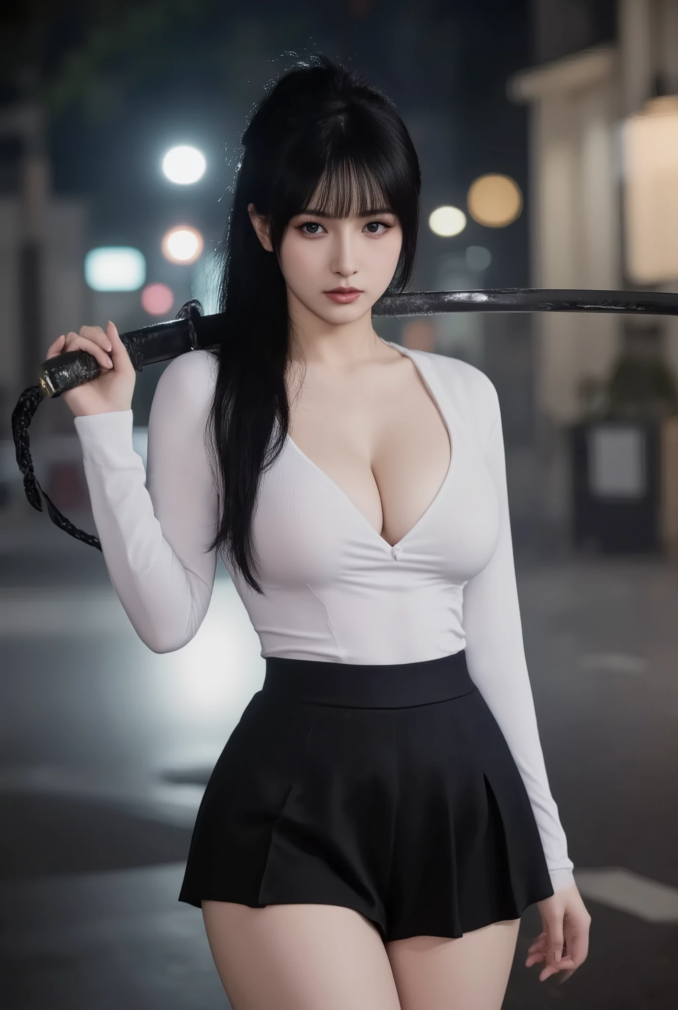 A beautiful woman stands, arrogant poses, holding a Katana on her shoulder, calm face, big breasts, slim waist, wide hips, thick thighs, black ponytail hair, wearing a tuxedo with black mini pleated skirt, black ankle boots, city street of cyberpunk view background, foggy night time, dimli lit lighting, upper body view only, detailed textures, detailed skin, detailed face, image focusing on the woman, blurry background, half body only view,