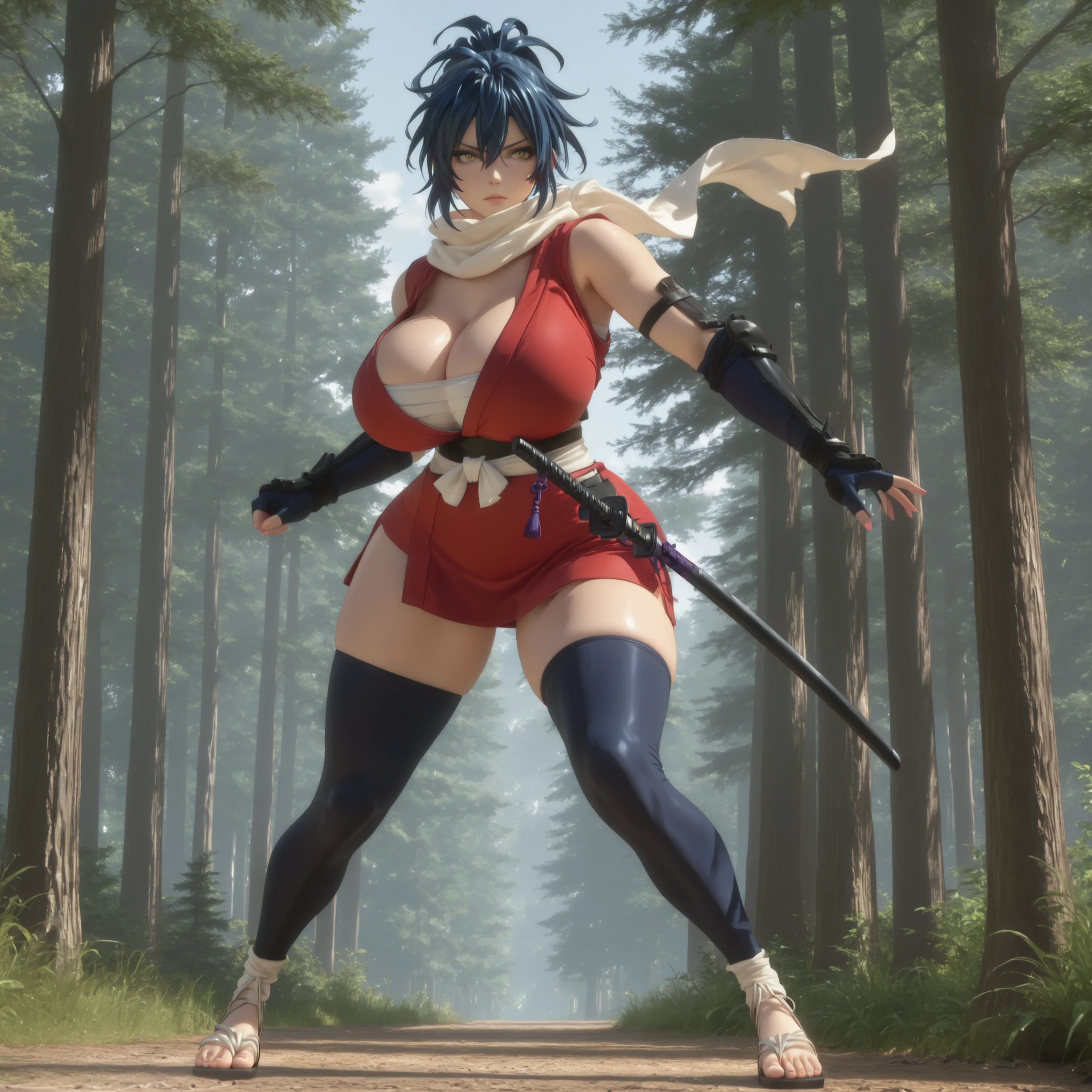 masterpiece, ultra-HD, impressionism, high detail, best quality, very aesthetic, 8K, best quality, beautiful, ultra-high resolution, 32K UHD, sharp focus, 3D, 1girl, solo, Manyuu Chifusa, long hair, messy hair, hair between eyes, blue hair, ponytail, yellow eyes, eyelashes, pink lips, , narrow waist, wide , thick thighs, shapely legs, slim, red kimono, sleeveless, cleavage,  bandages, shinobi sandals, white ribbon obi, black thigh high socks, white scarf, black fingerless gloves, blushed, serious, cute, holding a katana, dynamic pose, standing, full body, looking at the viewer, forest background, front view