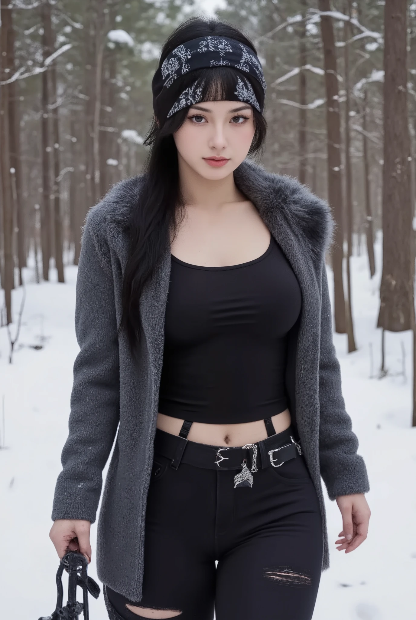 A woman walking around snowy forests, wearing dark grey coat decorated with wolf furr, black bandana with mystic indian tribe accessories, black tank top, black leather long pants completed with gun holders, chains belt, holding a crossbow, ripped clothes, dirty clothes, a little blood stained clothes, piercing eyes, fatigued face, sweaty face and body, image focused on the woman, blurred background, detailed face, detailed arms and fingers, detailed skin and clothes textures,