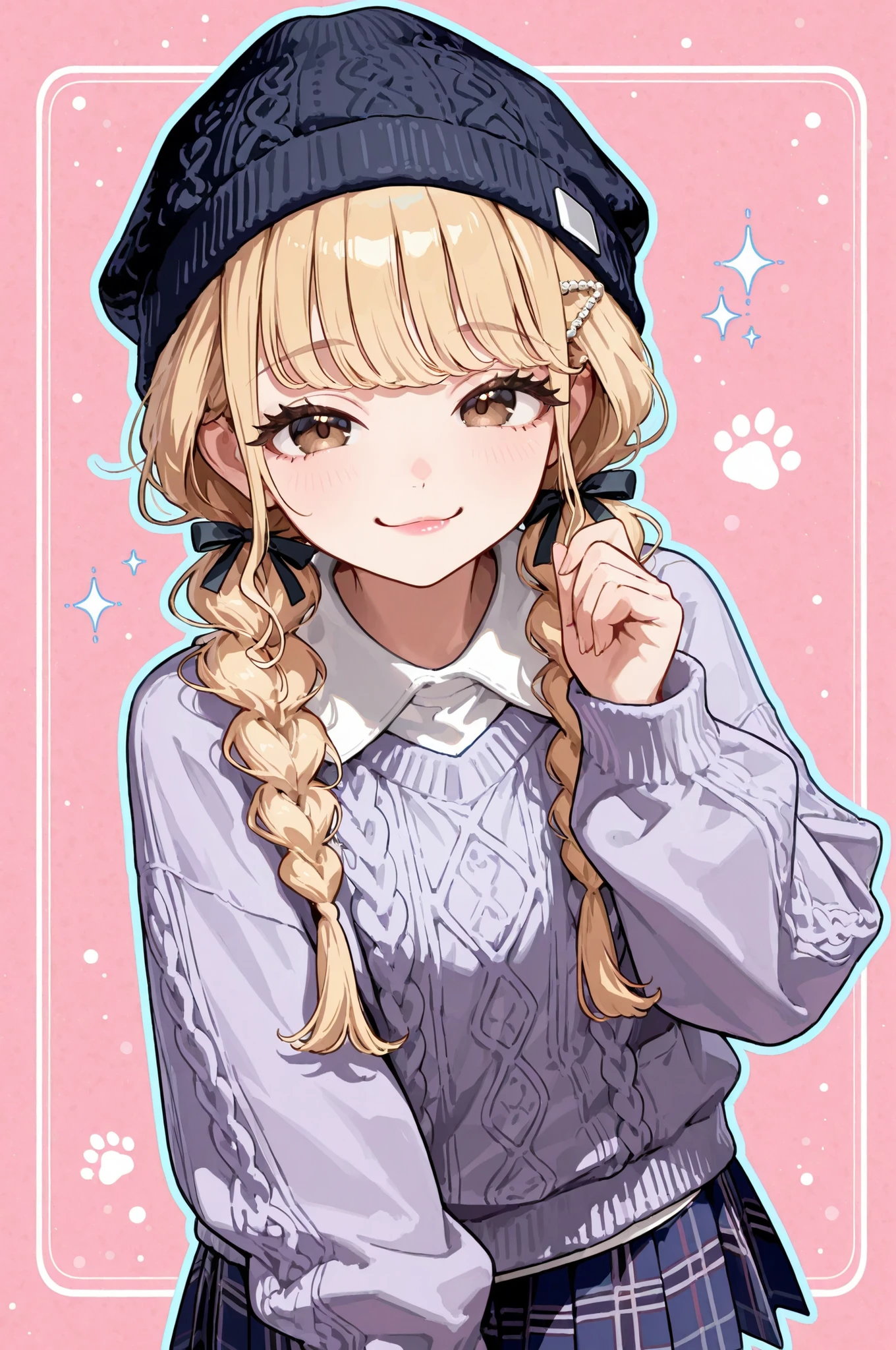 aakotone, long hair, blonde hair, low twintails, twin braids, hair ribbon, hair ornament, brown eyes long sleeves, plaid skirt, navy color skirt, High quality, masterpiece, detailed drawing, light blue outline, one girl, petite girl, solo, lip gloss, long eyelashes, navy eye shadow, cat-like knit cap, black knit cap, white collar, light purple knit, cute, pink background color, glitter effect, best smile,