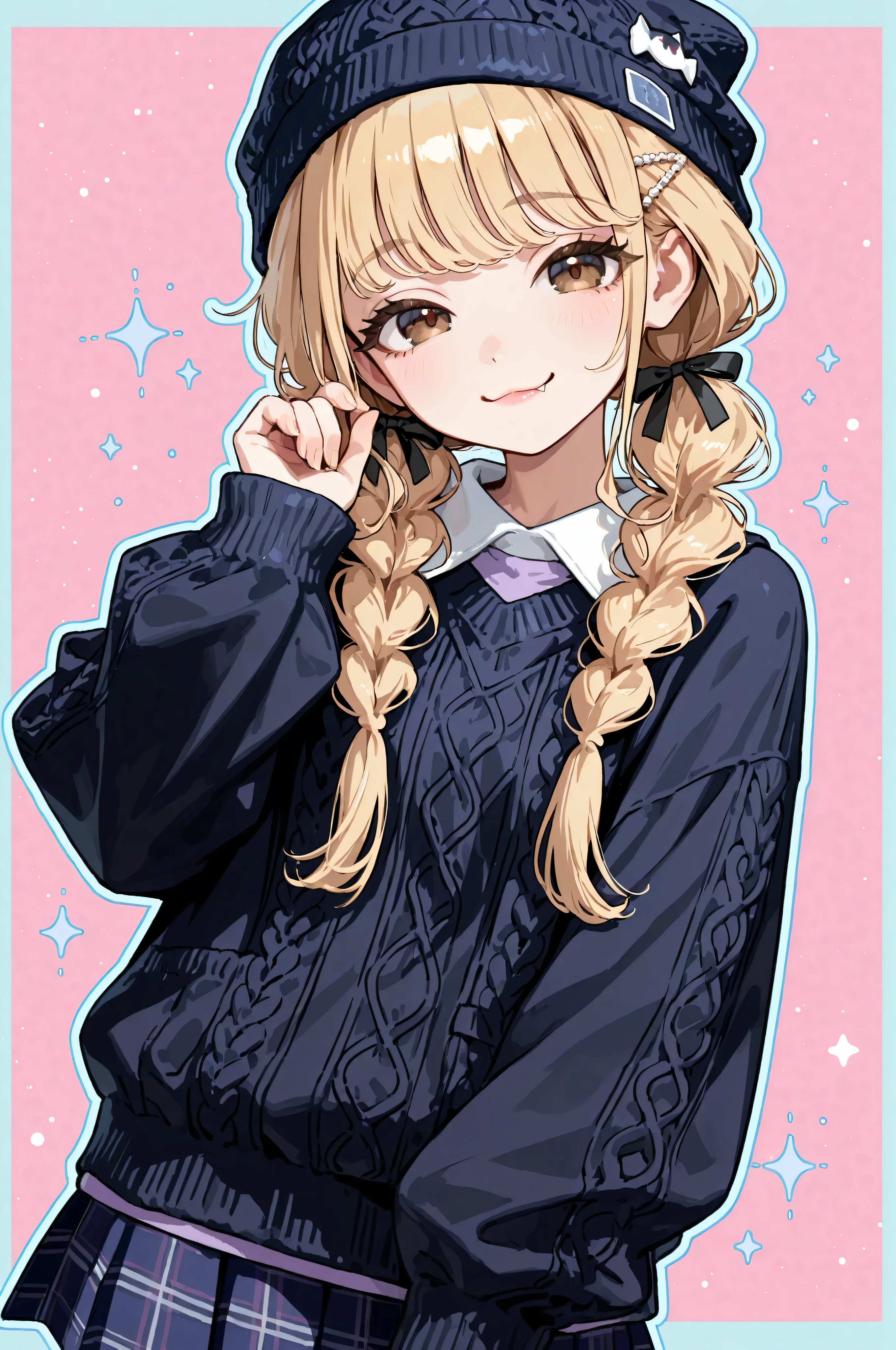 aakotone, long hair, blonde hair, low twintails, twin braids, hair ribbon, hair ornament, brown eyes long sleeves, plaid skirt, navy color skirt, High quality, masterpiece, detailed drawing, light blue outline, one girl, petite girl, solo, lip gloss, long eyelashes, navy eye shadow, cat-like knit cap, black knit cap, white collar, light purple knit, cute, pink background color, glitter effect, best smile,