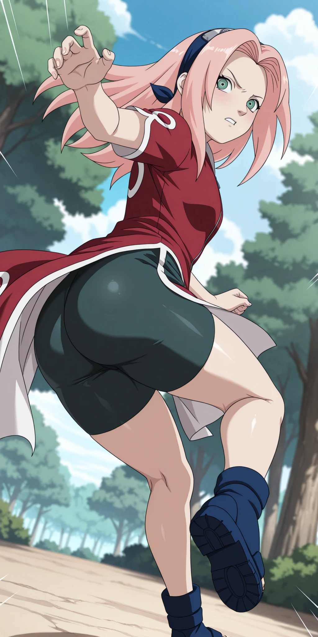 ultra_detailed, source_anime, anime screencap, fake screenshot, best quality, (small breasts:1.3), 1girl, solo, ((haruno sakura, pink hair, long hair, red shirt, red qipao dress, short sleeves, dark green shorts, green eyes, blue footwear)), masterpiece,best quality, amazing quality, meaty, detailed, wide hips, forest, outdoors, beautiful legs, legs, beautiful body, detailed face, shiny thighs, from a suggestive sexy angle, dutch angle, high angle, thick thighs, thick ass, female focus, glossy shorts, full body shot, cowboy shot, longing gaze, shiny ass, dress aside, elegant pose, dress flowing, hair flowing, hair floating, foreshortening, clouds, legs apart, perfect ass, action shot, attack pose, intense expression, serious, close up of ass, motion lines, motion blur, speed lines, furious, angry, suggestive angle, parted lips, shiny eyes, from behind, looking back