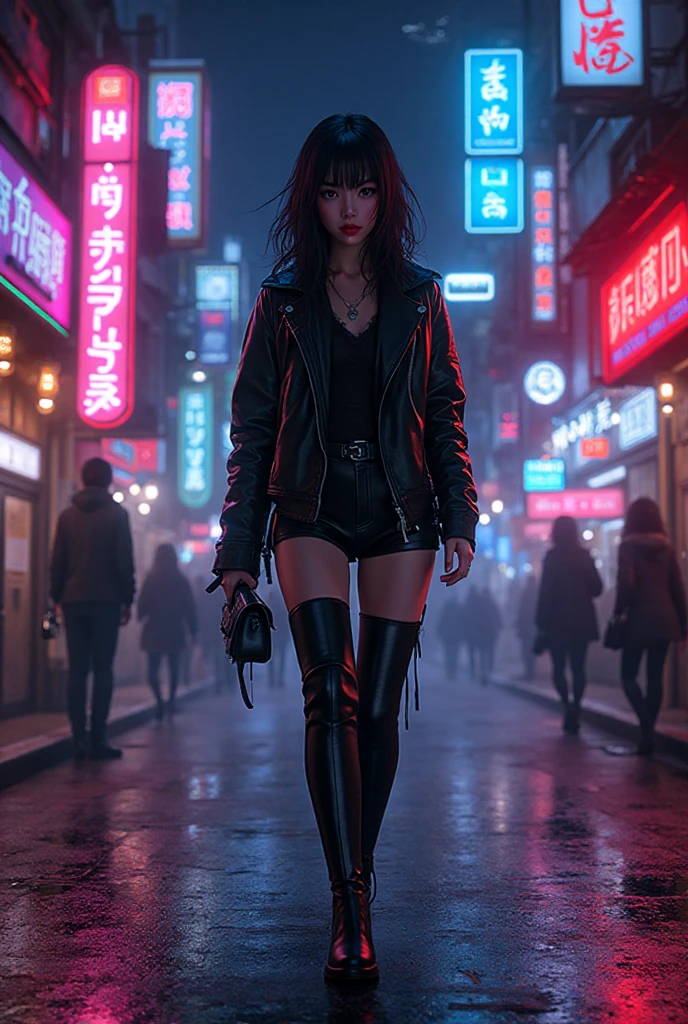 "A confident anime girl with long flowing hair, wearing a stylish leather jacket and boots, standing in a bustling city street at night."