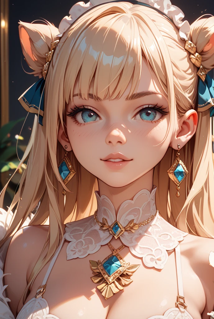 1 girl, pretty, cute girl, young woman, off-shoulder shirt, partially unbuttoned, cut-out navel, colorful, high resolution, summer, full shot, pale skin, curvaceous, round face, (medium hair: 1.4), makeup, long eyelashes, round eyes, medium bust, finger ring, stud earrings, pill piercing, hairpod, lace-trimmed headband, jewelry on chest, choker, (hair spread: 1.1), (: 0.5),  smile, beaded bracelets, golden and pale aura all over body, tousled blonde hair, white background, fist pump, spiked hair