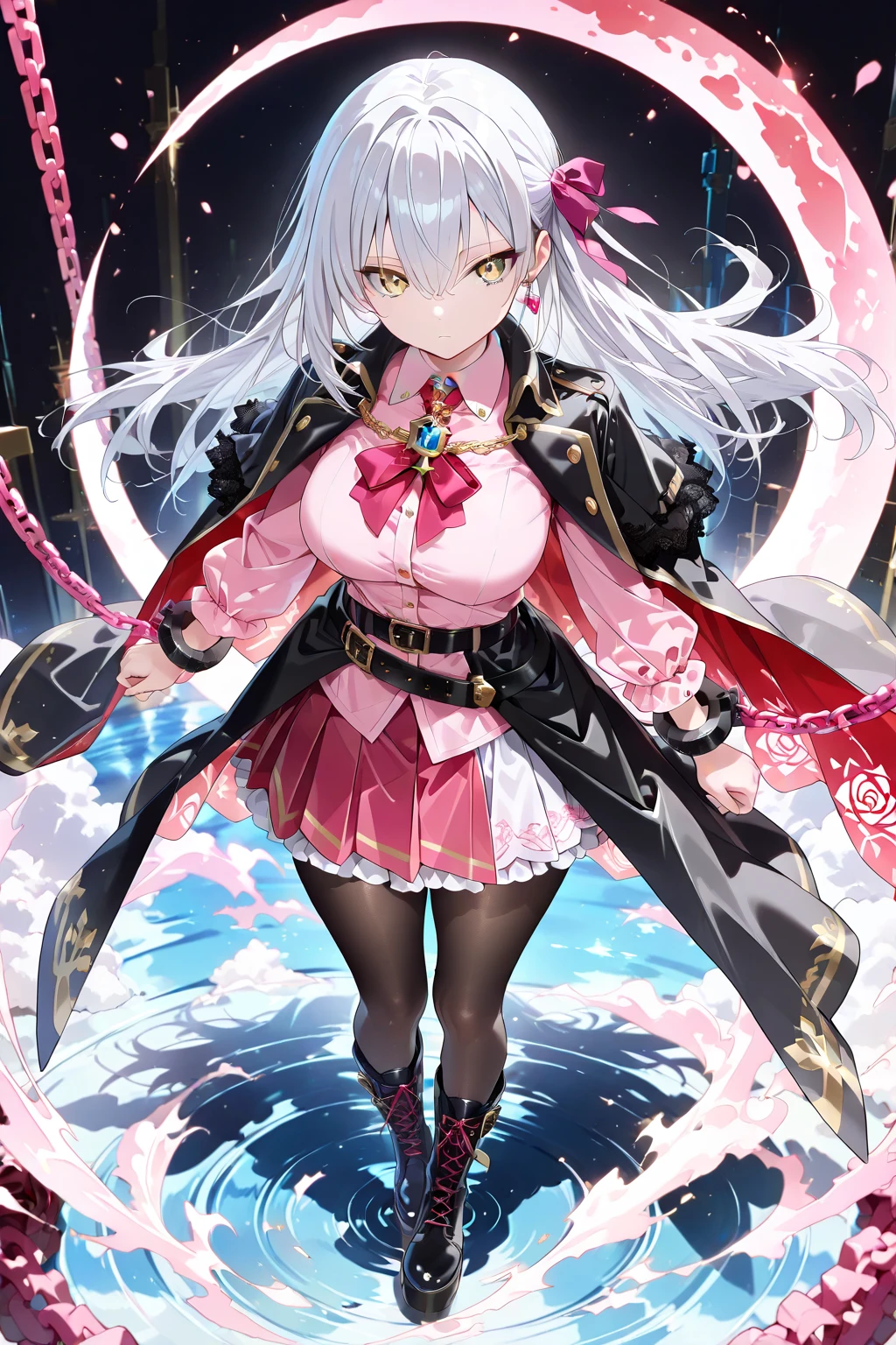 Masterpiece（（tmasterpiece）），（White color blouse），（（black ）），（Black  stockings），（No shoes on），adolable，Raised sexy，is shy，（Long pink）Hair，red bowtie，long leges，（At the bottom of the sea），Open navel