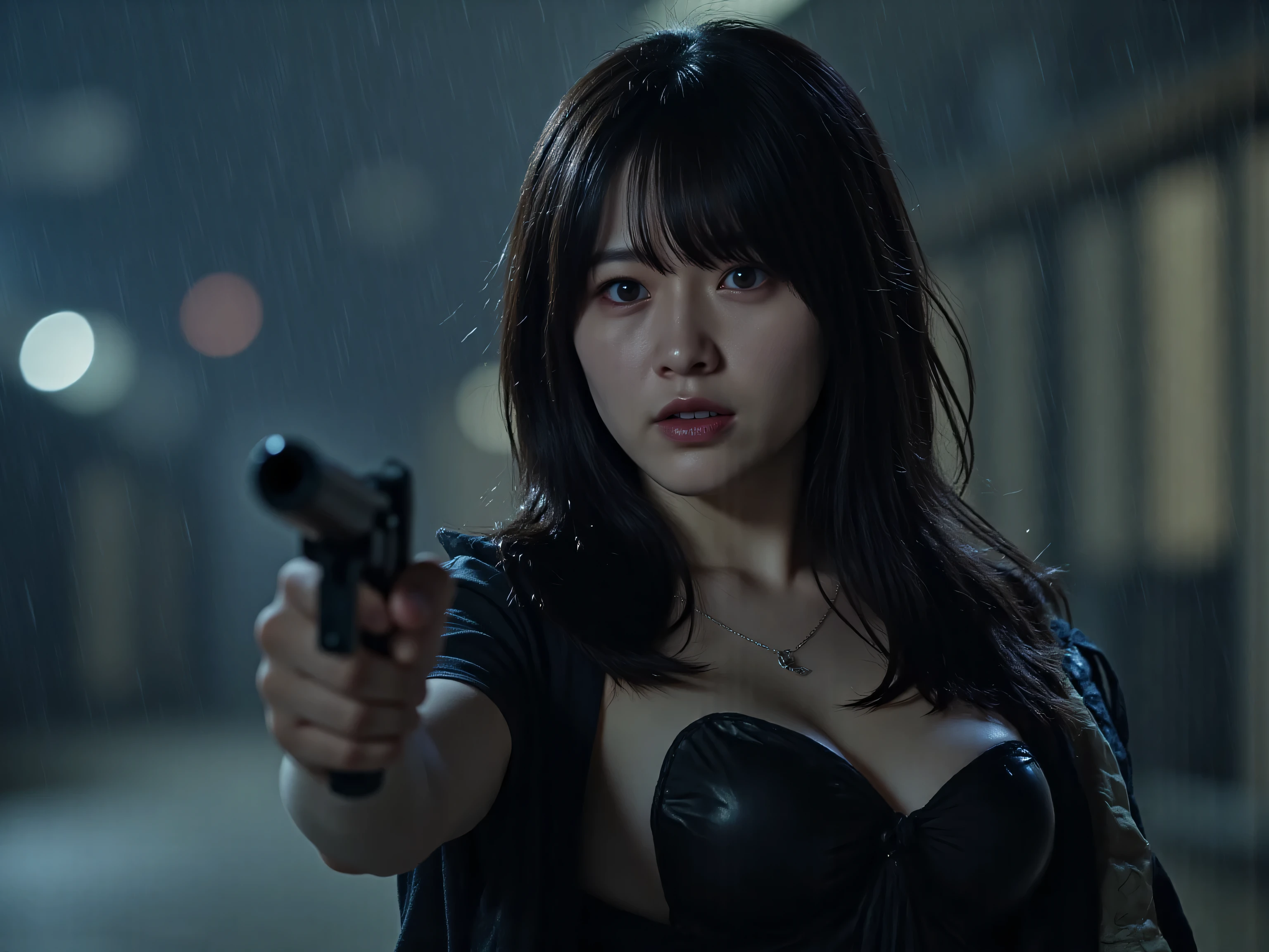 (((Harbor on a downpour night:2.0))),(((HR Gigger style cyberpunk atmosphere:2.0))),(((Hold a cyberpunk-style shotgun:2.0))),(((pointing the muzzle at the viewer:2.0))),((Full Body:2.0)),one woman,(pretty face:1.7),(Beautiful well-balanced face :1.5),((wavy black hair:2.0)),(beautiful eyes:1.3),glamorous shot of a 20-year-old Japanese woman,Beautiful Slender Body,((Model figure:2.0)),((slim body:1.7)),perfect body line,Ideal Proportions,((big breasts:2.0)),((スリーサイズ90-58-86:3.0)),((G cup breasts:1.5)),big boobs,Bare thighs,sensual thighs,delicate body,(muscular:1.7),harmonious posture,((Realistic breast depiction :1.7)),carefully depicting perfectly anatomical limbs,((Samurai-style black translucent super high-leg leotard:2.0)),(((Super Hi-leg Leotard made of glass that fits the body:2.0))),((military coat style black kimono with an open front over a leotard:2.0)),(((Clear blue LED skeleton:2.0))),((Tactical Holster:2,0)),(Gloves:1.3),Concept Art,(top quality:1.5),(masterpiece:1.5),(超高Resolution),Resolution,UHD,(Fine Drawing),carefully drawn,32k,((Realistic Skin Textures:1.5)),(((super realistic:1.5))),carefully drawn eyelashes,very detailed face,highly detailed female hands,sexy appearance,very sensual,(Blurry, dim background:1.5),professional photography shot with an outside background,(Movie Lights:2.0),((Blade Runner Style Lighting:2.0))