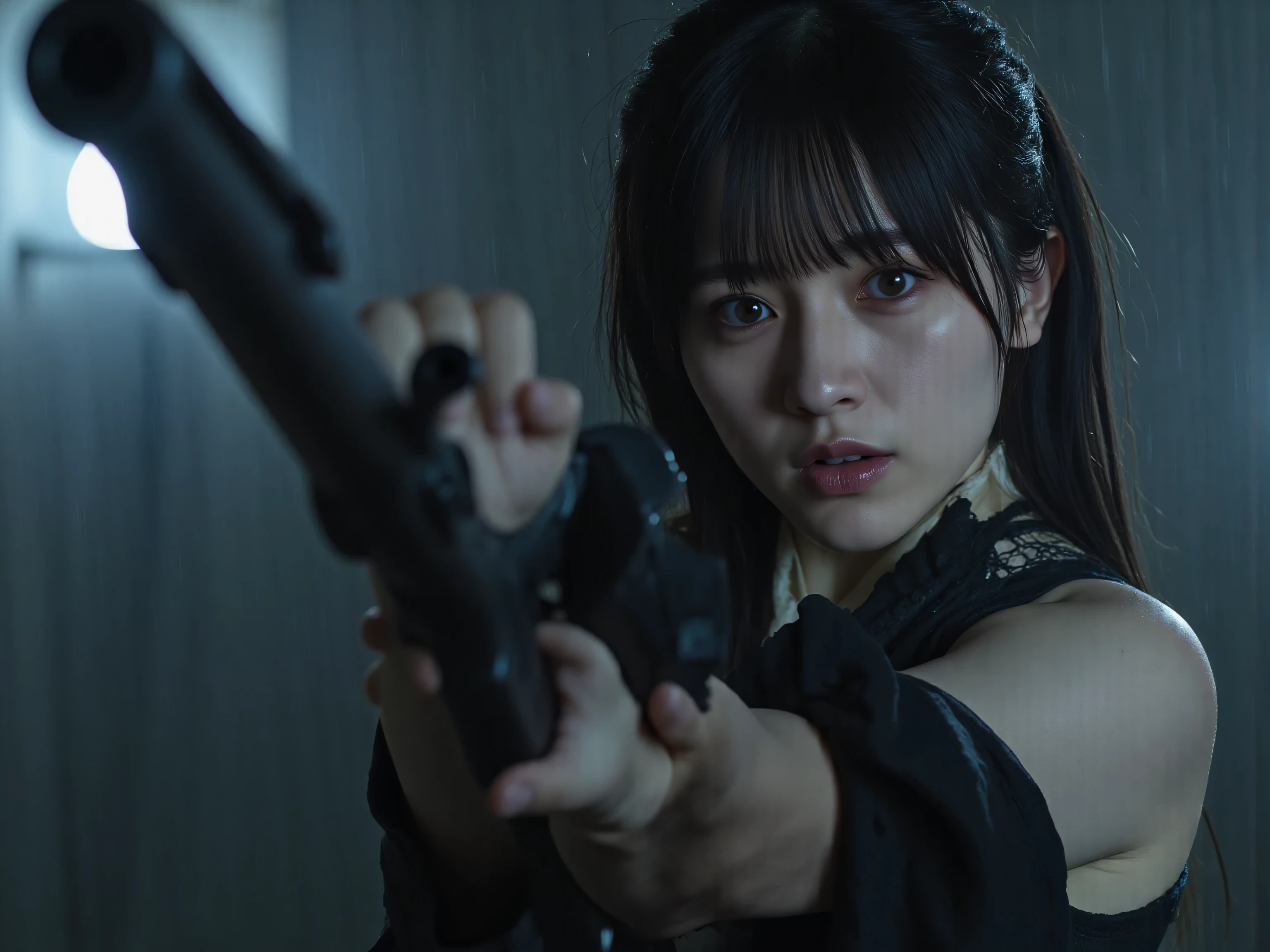 (((Harbor on a downpour night:2.0))),(((HR Gigger style cyberpunk atmosphere:2.0))),(((Hold a cyberpunk-style shotgun:2.0))),(((pointing the muzzle at the viewer:2.0))),((Full Body:2.0)),one woman,(pretty face:1.7),(Beautiful well-balanced face :1.5),((wavy black hair:2.0)),(beautiful eyes:1.3),glamorous shot of a 20-year-old Japanese woman,Beautiful Slender Body,((Model figure:2.0)),((slim body:1.7)),perfect body line,Ideal Proportions,((big breasts:2.0)),((スリーサイズ90-58-86:3.0)),((G cup breasts:1.5)),big boobs,Bare thighs,sensual thighs,delicate body,(muscular:1.7),harmonious posture,((Realistic breast depiction :1.7)),carefully depicting perfectly anatomical limbs,((Samurai-style black translucent super high-leg leotard:2.0)),(((Super Hi-leg Leotard made of glass that fits the body:2.0))),((military coat style black kimono with an open front over a leotard:2.0)),(((Clear blue LED skeleton:2.0))),((Tactical Holster:2,0)),(Gloves:1.3),Concept Art,(top quality:1.5),(masterpiece:1.5),(超高Resolution),Resolution,UHD,(Fine Drawing),carefully drawn,32k,((Realistic Skin Textures:1.5)),(((super realistic:1.5))),carefully drawn eyelashes,very detailed face,highly detailed female hands,sexy appearance,very sensual,(Blurry, dim background:1.5),professional photography shot with an outside background,(Movie Lights:2.0),((Blade Runner Style Lighting:2.0))