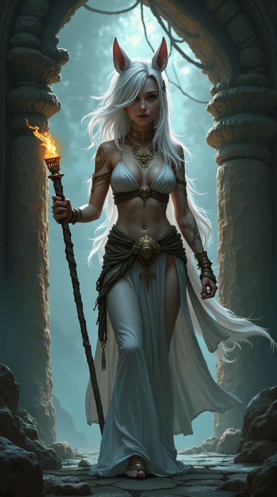 1 magician woman, expressive black eyes, elf ear, white hair, barely dressed with a black and red drape barefoot, ,ritual pose , a golden cup in one hand and using his fire magic in the other, full length portrait , mystical dungeon interior atmosphere in background, detail richness, masterpiece, best quality
