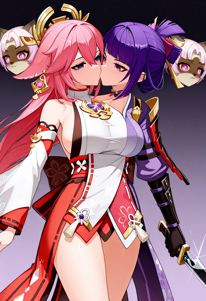 tmasterpiece， Best quality at best， multipel Girls， nedium breasts， （2girls：1.3）， Yae Miko， Raiden general， Purple eye， Pink hair， Japanese clothes， Purple colored hair， （：1.4）， long whitr hair，， hair adornments， upper legs， Purple kimono， upper legs， By bangs， Animal ear， Separate the sleeves， fox ear， Wide sleeves， komono， themoon， arma， pigtails，（kbxll：0.8）， a matural female， thick thight，
busty figure，ssmile，1，2，：1，2，：1，2，Lesbian Micah：1，2，Grab each other's chest，kisses，Be red in the face，Wet sleeveless T-shirt，Best quality