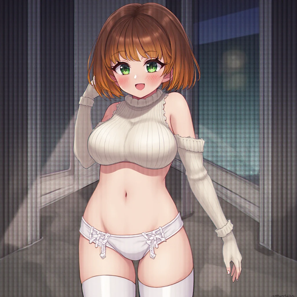 A Female mature robot exposes her inside mechanical organ. she wears white one-piece. Her Brown very short pigtails is tied with two big red clothespins, masterpiece, mature, android, blue eyes, full body, Height: 160cm, flushed cheeks, Uplifting, No ????, whole body, barefoot, archaic smile, getting ??????, sweat bucket.  full body shot, floating hair, looking straight. multiple girls.