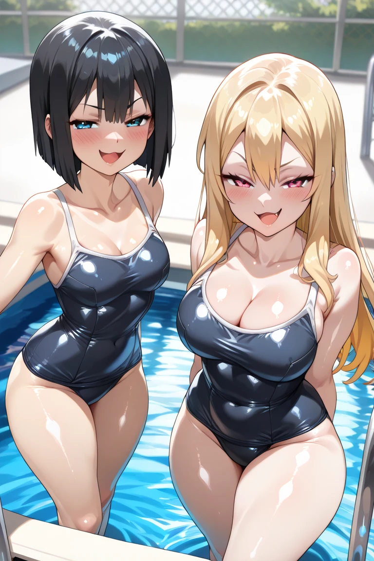 Your  will get bigger(Open mouth  face)Background Outdoor pool、(My body is soaked..5)、Braided hair、Realistically、(Two 10 year old girls hugging each other, Your  will get bigger胸の膨らみを強調する)、Navy Blue and Yellow((Gross 5.5))She is wearing a sleeveless turtleneck swimsuit，，Accentuate your cleavage，Looking up from below，blush，moist pink lips，sexy，Own，Please open your mouth wide、Place your arms behind your head、