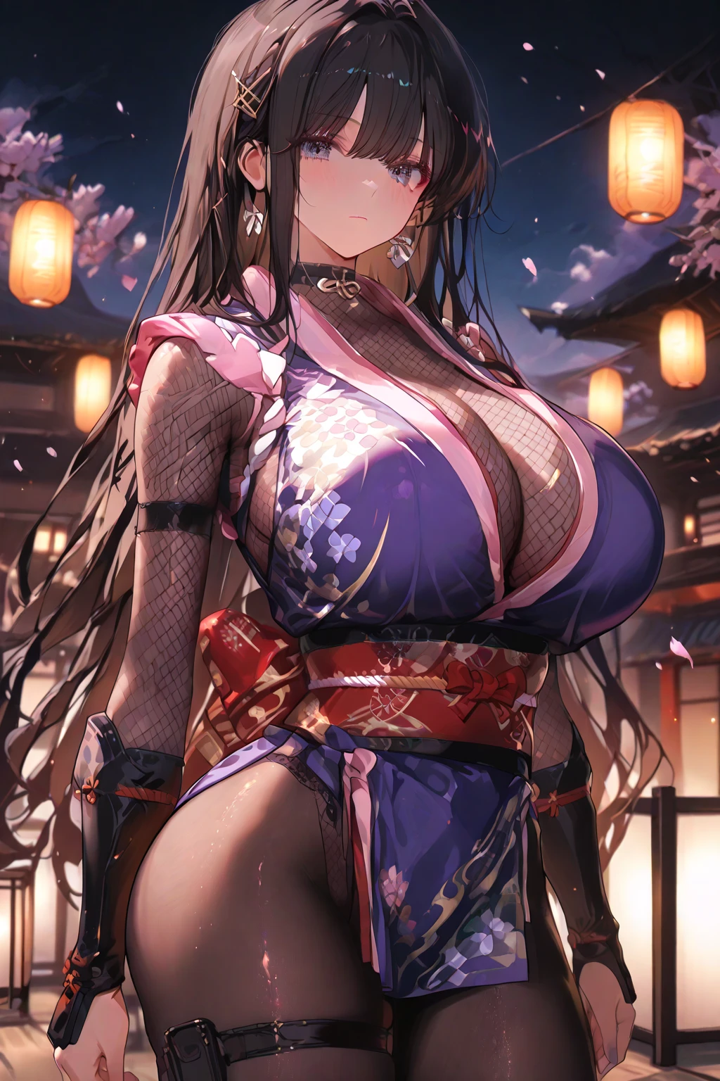 <lora:kashino_pony_v1.0:0.8>,kashino \(azur_lane\),brown hair,cow_ears, cow_horns, purple eyes, fan hair ornament,kimono,pelvic curtain, stomach cutout,cleavage,criss-cross halter, bare shoulders, huge breasts, kneeling, smile, tatami, indoors,lantern, bedroom, hand on own chest,, score_9, score_8_up, score_7_up, source_anime,