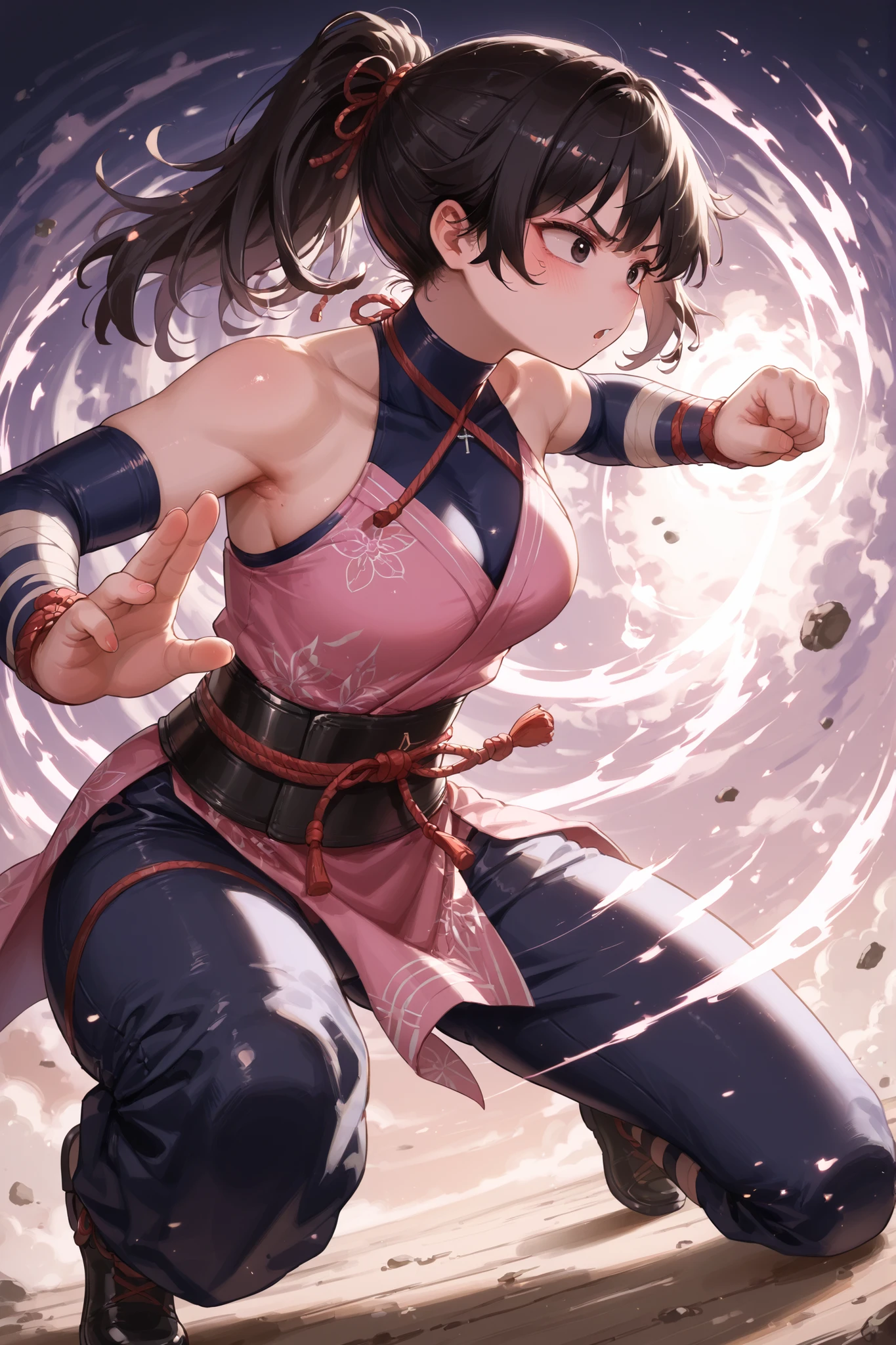 low angle、 in detail、top quality、Dynamically、girl with short black hair、girl's hand crucified on the ground、Five fingers、The girl is 25 years old 、dark eyes、kunoichi、female ninja、halter neck、Belly button、on the side、Cool appearance、Rin々A good appearance、fighting stance,punching,Qi is coming out of a girl