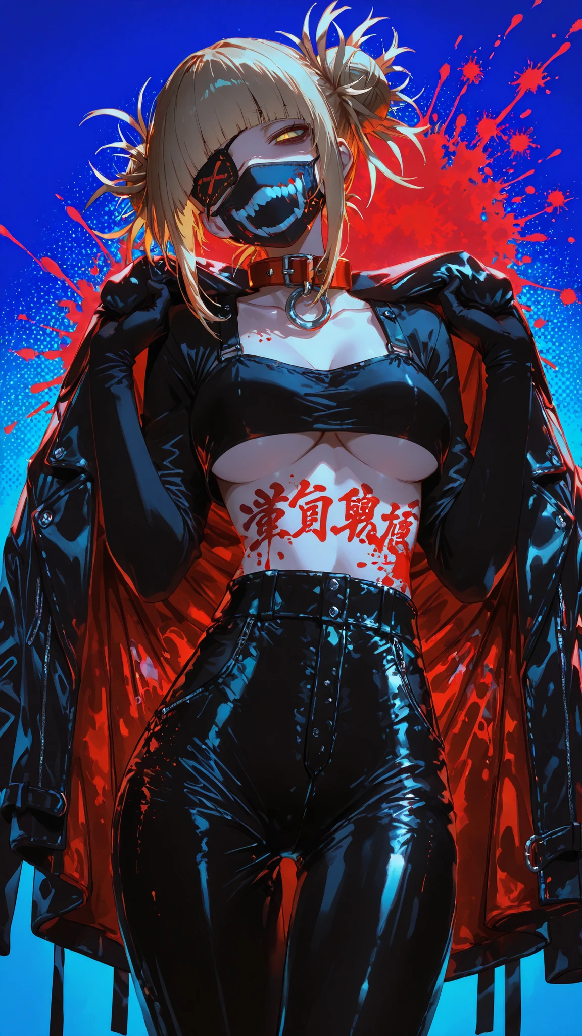 1girl, u u zan, Masterpiece, amazing quality, 8k, ultra detailed, refined details, chill, high resolution, HD, masterwork, digital illustration, 7481llu, LDSCH, dynamic pose, glowing eyes, dynamic angle, crisp outlines, vibrant colors, soft shading, bright lighting, ultra-detailed, high contrast, bokeh, volumetric lighting, lipstick, blurry, depth of field, absurdres, best quality, newest, very aesthetic, , (solo:1.2), fullbody, Toga Himiko, ((eyepatch)), mask, mouth mask, teeth, yellow eyes, slit pupils, bags under eyes, blonde hair, sidelocks, blunt bangs, narrowed eyes, double bun, hair bun, messy hair, Dressed in a catchy, bright, tight-fitting black-and-red closed suit, black underboob top, black leather pants, black gloves, short red leather jacket, Charming, beautiful, vulgar, attractive, epic pose, ((holding jacket collar)), (deep blue background), (Halftone_background), (Split-Complementary_Colors:1.4), (red splatter:1.4), (yellow_smudges:1.2), (Japanese writing on the background:1.4), looking at viewer, ((head tilt)), cowboy shot, (fisheye)