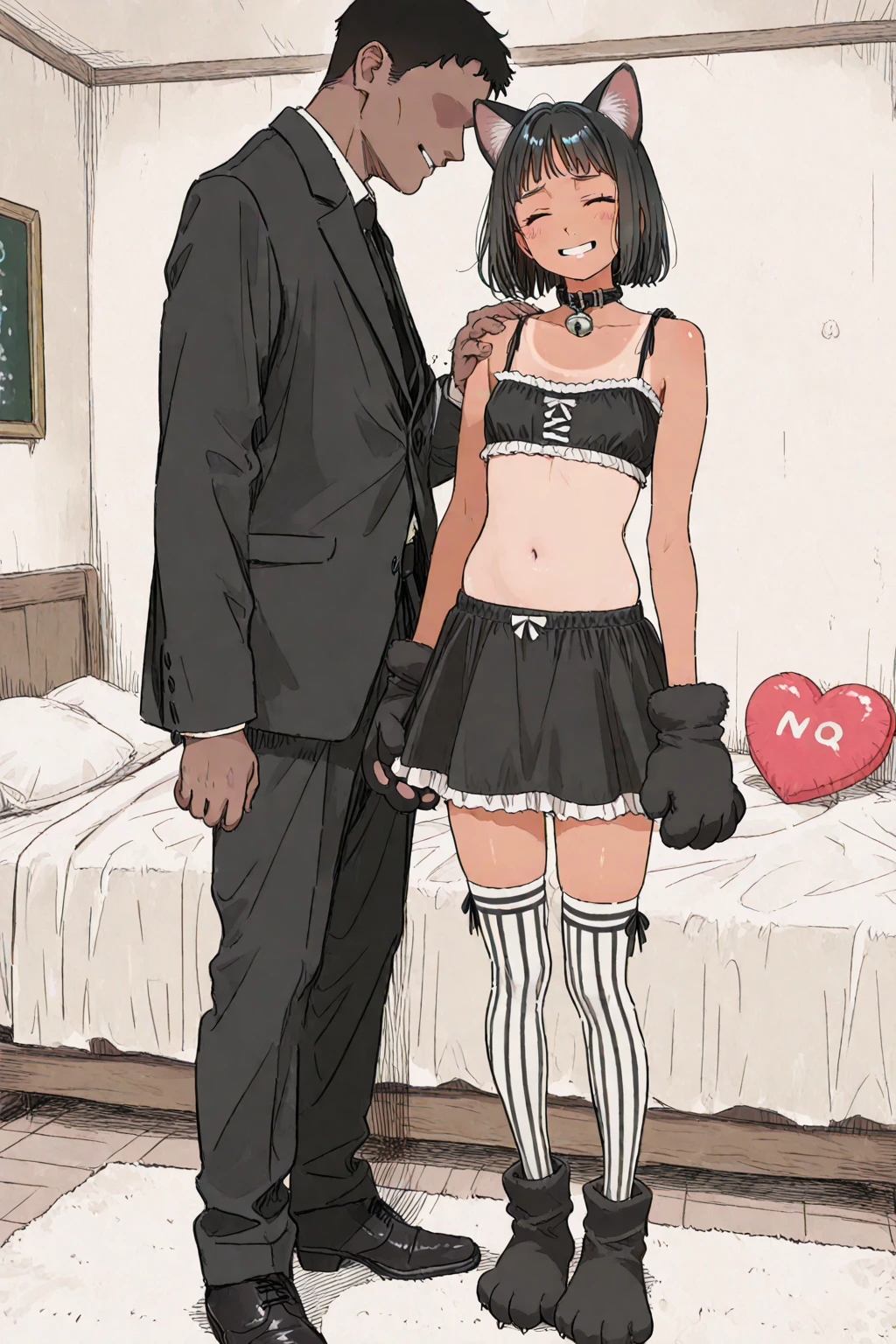 (masterpiece, best quality:1.2), front shot, beautiful 1girl, (super ???????????, micro waist, very long legs:1.3), Black hair, short bob hair, short height, scrawny and thin body, Light Skin, cute big eyes, cute beautiful thin face, forced smile, serafuku, mini skirt, pigeon-toed, (Arched back), wet and sweaty, visible ribs, Long and thin navel, V sign, Trembling, Intense ??? with ugly man, the man is huge ????? and huge hand