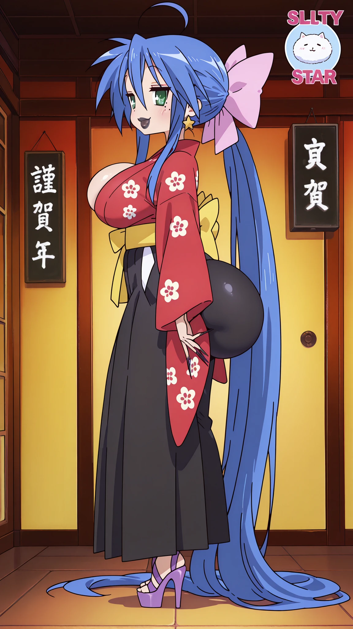 Source_9_up, Source_8_up, source_7_up, source_6_up, source_5_up, Source_BIMBO, Source_Lucky_Star, source  Doujin expressive , source , Masterpiece, best quality, Amazing quality, stunning quality, newest, style amime, anime, anatomically correct, detailed, high detailed, super detailed, textured skin, earring, detailed face eyes and skin, detailed face and eyes extreme detail, skin detailed, brillant skin, Dynamic skin, Style Kawaii, Dynamic lightning, surreal, 8k wallpaper, stunning quality, masterpiece, anime screencap, anime coloring, official art,  BREAK
 , striding towards the viewer,
1girl, solo, konatai, Konata Izumi, 1girl, blue_hair, long hair, absurdly long hair, ponytail, pink bow on hair, green_eyes, makeup , strong lipliner , heavy eyeliner , false eyelashes, lip gloss, black lipstick, huge lips, lip filler, bimbo lips, super long nails, perfect spherical , fake ,  implants,  bigger then head,  Huge Round , wide  , wider then rest of body, fake , huge lift up , massive shelf , shelf-shape , super thicc thighs, massive thighs, massive wide , muscular legs, slutty_clothes,  wearing vulgar clothes, sluty yukata, red kimono, sidecut hakama, sash, cleavage, sideboobs, high , dress cut out on , (high heels), tippy toes focused Ultra high platform STILETTOS, ballet-boots, sluty and  appearance,  looking at the viewer, from the side , the smile, blush, :D, fullbody shot