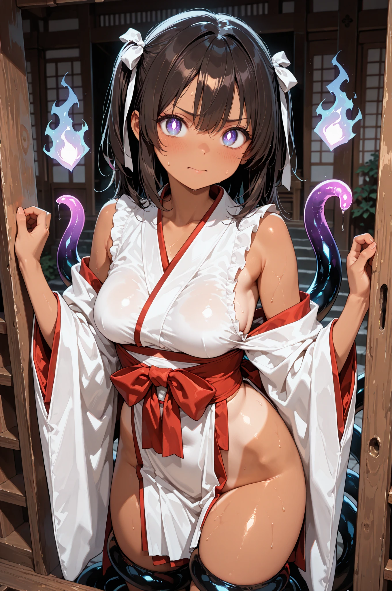 NSFW,Hololive,natsuiro matsuri,One Side Ponytail,Small breasts,Shrine maiden、kimono、Removing the sleeve,Hakama short skirt,Embarrassed,blush,shrine,torii,Gravel road,In the shade,(Perfect hands),(Perfect Anatomy),(masterpiece),(highest quality),One man,being molested by a man,A man is touching my buttocks,My  are being massaged,I feel pleasure,Trembling,Empty Eyes,Having sex,orgasm,Are standing