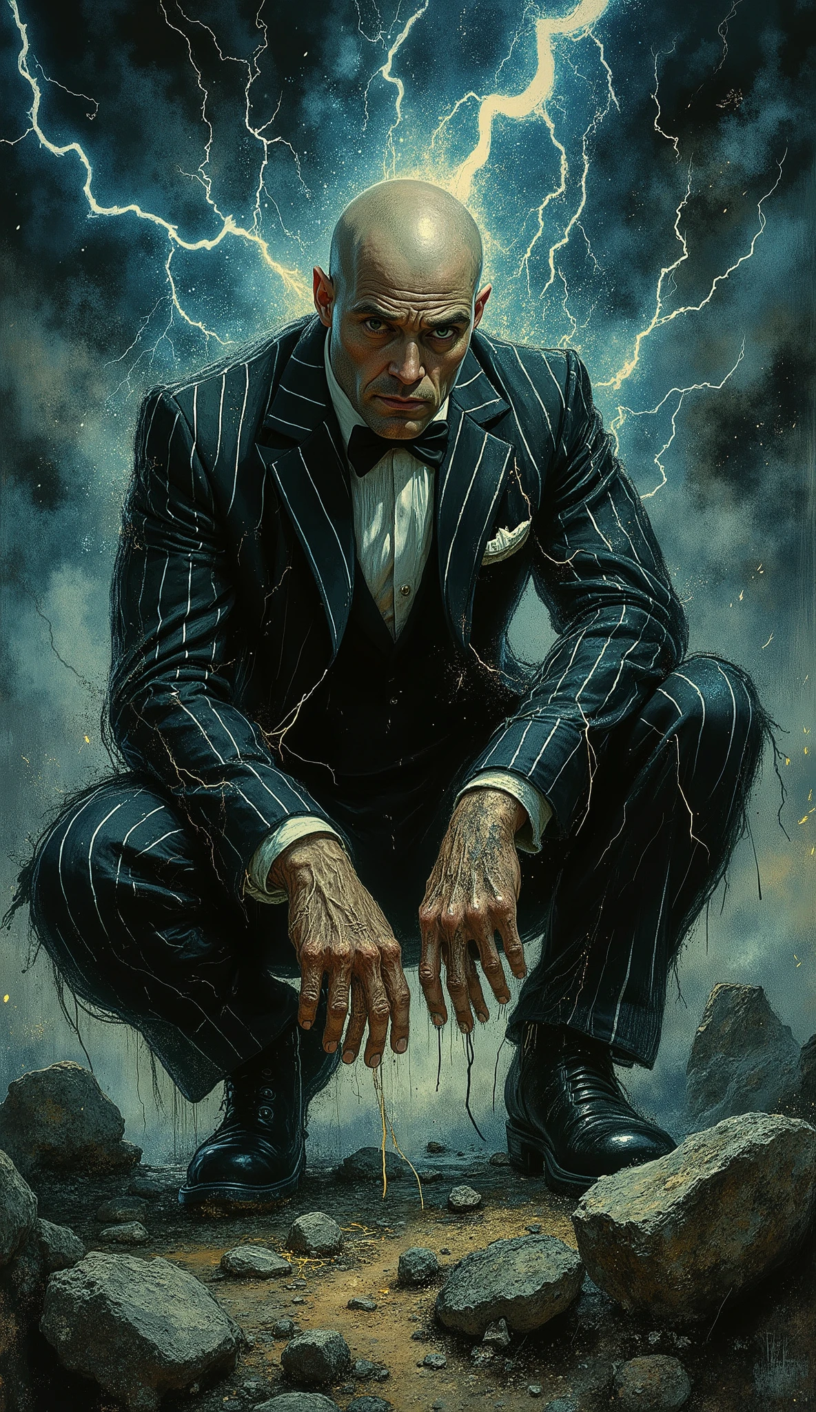 JoFote style. A striking digital illustration of a muscular bald man in a black-and-white striped classic suit squatting on a rocky terrain against a backdrop of striking lightning. The man looks about twenty-five years old, he has a determined expression on his face, as if he is ready to accept any challenge that gets in his way. He is positioned in the center of the image so that his entire body is visible, and his muscular physique is highlighted by the stark contrast of his black suit, which contrasts beautifully with the bright blue sky and lightning. Lightning strikes directly at him, creating a dramatic and dynamic scene, with streaks of light emanating from the lightning and bursts of energy around him, highlighting his strength and agility. In the lower right corner, the artist's signature "Steve Klein" is visible, which gives the drawing personality. The overall style of the illustration is reminiscent of comic books, with clear lines and bright colors that emphasize the boldness of the scene