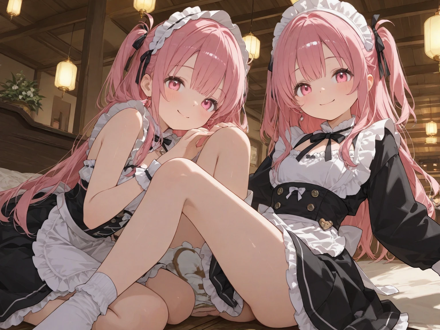 open belly baby doll、((Two Girls))、inner thigh、She pulls her  aside to show her 、(((Sitting down and raising one leg to put on knee-high socks)))、cotton white simple undies、See-through clothing、Crying and refusing、Wet and 、Small face、(Blushing and embarrassed),girly fashion、Children's clothing、red blush、Cartoon Storyline、((Angle from below：1.5)), pantie shot,Lower breast、front 、open one's legs、 crotch display、 bite、Emphasis on the crotch、white 、soaked