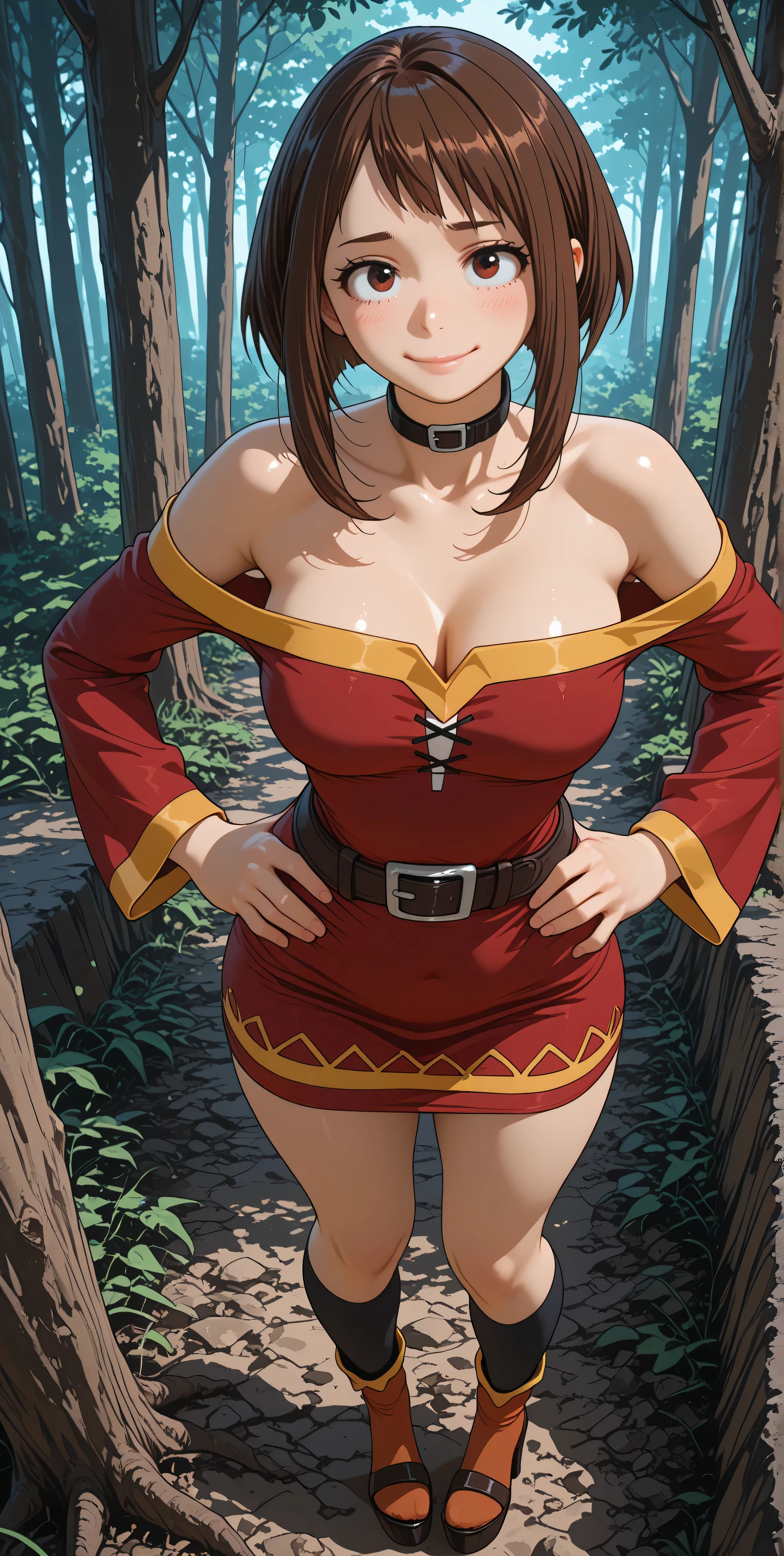 1girl, Alone, standing, slight smile, forest, outside, disparo de vaquero. [Ochako Uraraka]. brown hair,  cut bob breasts, Side Locks, bangs, brown eyes, (pink lips:0.8), eyelashes, cosplay dress, Megumin dress, red dress with yellow trim, bare shoulders, Straight neckline, clavicles, socks, socks negras de rejilla, high heel sandals with black platform, masterpiece, mejor calidad, amazing quality, standing, shy expression and pose, looking aside. hands on hips 