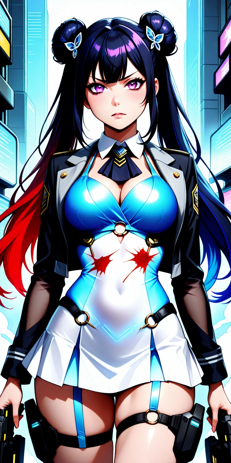 Satsuki Kiryuin, Satsuki Kiryuin de Kill-la-Kill, dressed as junkets, gros seins, seins volumineux, curvy breasts, Bas en maille, debout avec un katana, pleine hauteur, Vue du bas, Best quality, Very detailed, ultra 8k resolution