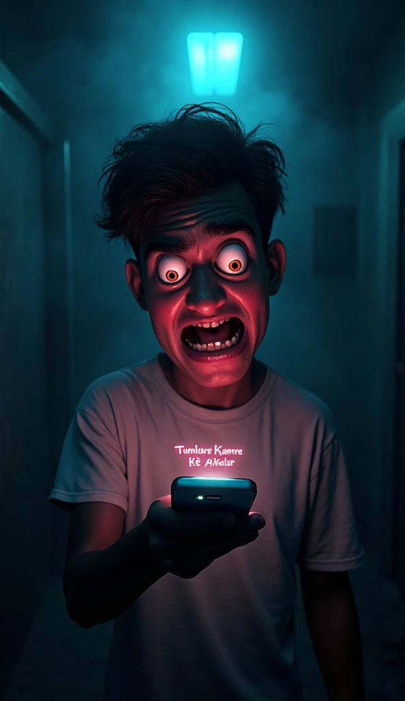 3D cartoon horror style, phone screen glowing with text "Location: Tumhare Kamre ke Andar", terrified young man in cartoon horror style, dark room, thick fog, glowing neon highlights, exaggerated horror expressions, dramatic spotlight, cinematic 3D composition, ultra-detailed render. Remember 3D horror style 
