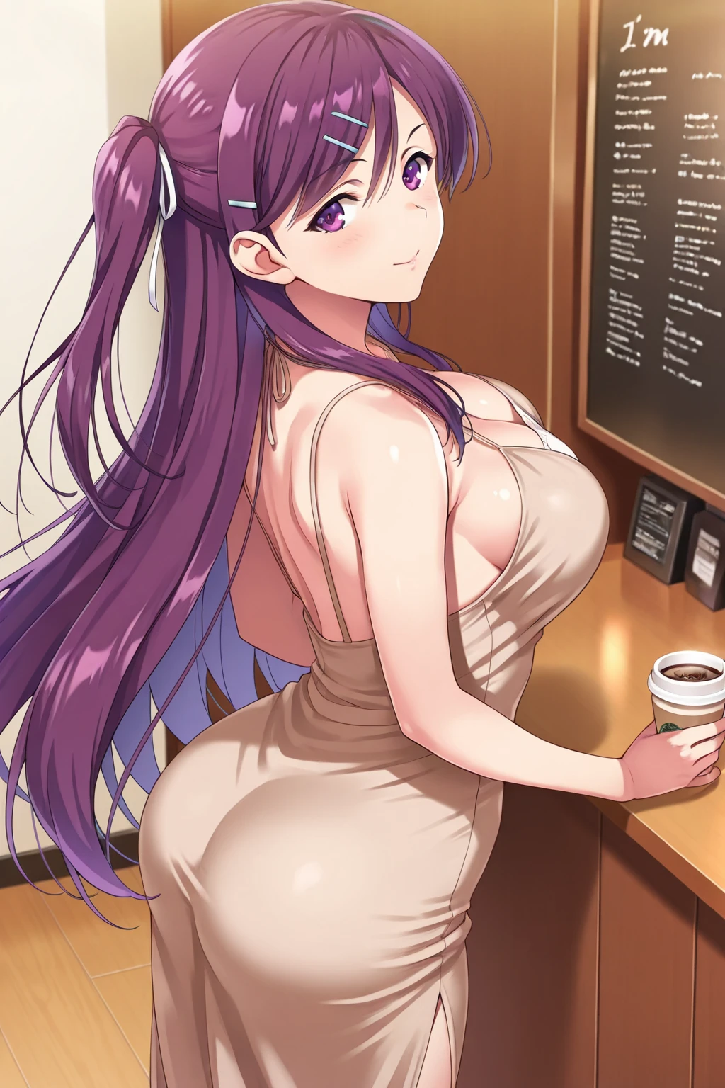 1girl, solo, nakano nino, pink hair, butterfly hair ornament, (?????:1.3), (white apron), ?????????????, cleavage, thighs, cafe background, (blushing:1.3)