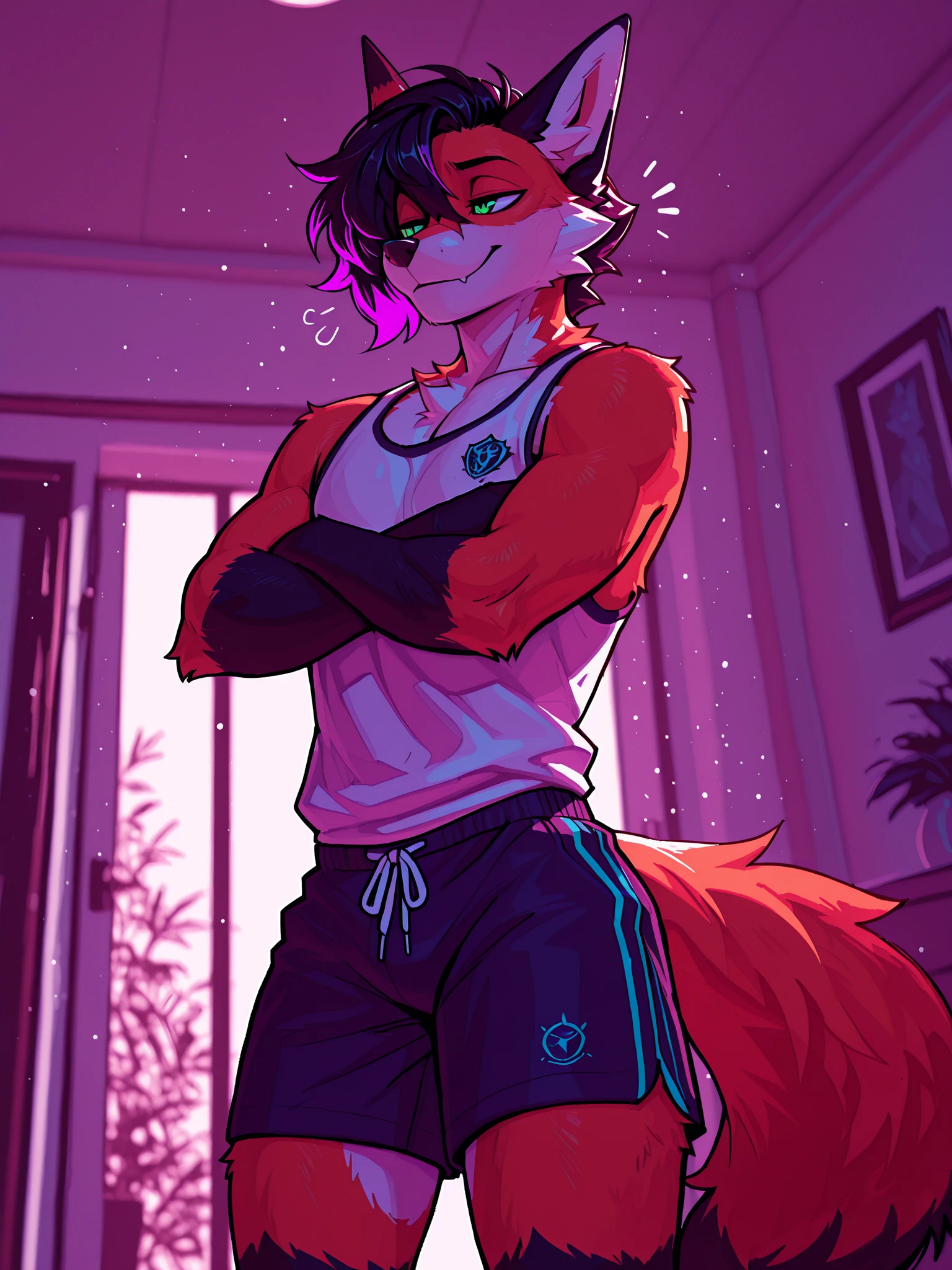 ((sfw)) Solo, A cute anthro, (((half hyena half deer))), male, (cute snout:1.2) full body, ((by hyattlen, by fumiko, ((by zackary, by fumiko)), solo, anthro, male deer, deer antlers, Bright brown fur body, ((brown ears)), red hair, mullet, detailed eyes,  (heterochromatic eyes), diferent color eyes, one red eye and one green eye, bright white neck, dark hyena spots, white fawn spots, white chest, perfect drawn tail, hyena arms, hyena paws, soft and warm chest, verry fluffy body, smirk, toned body, great , femboy jock, big ass, thick thighs, looking at the viwer, bedroom eyes, half lidded eyes, well drawn hands, wearing tiny pijama shorts and a matching cropped spaghetti strap shirt, earrings, eyebrow piercing, good , detail, stretching, next to a open window, first thing in the morning, just woke up, sun rise, waking up, bed hair, baby blue light pink and white color scheme for the clothes, pastel colors, pink yellow and blue background color scheme, (full body), bed, college room, fairy lights, posters, rainbow flag, gamer set up, 