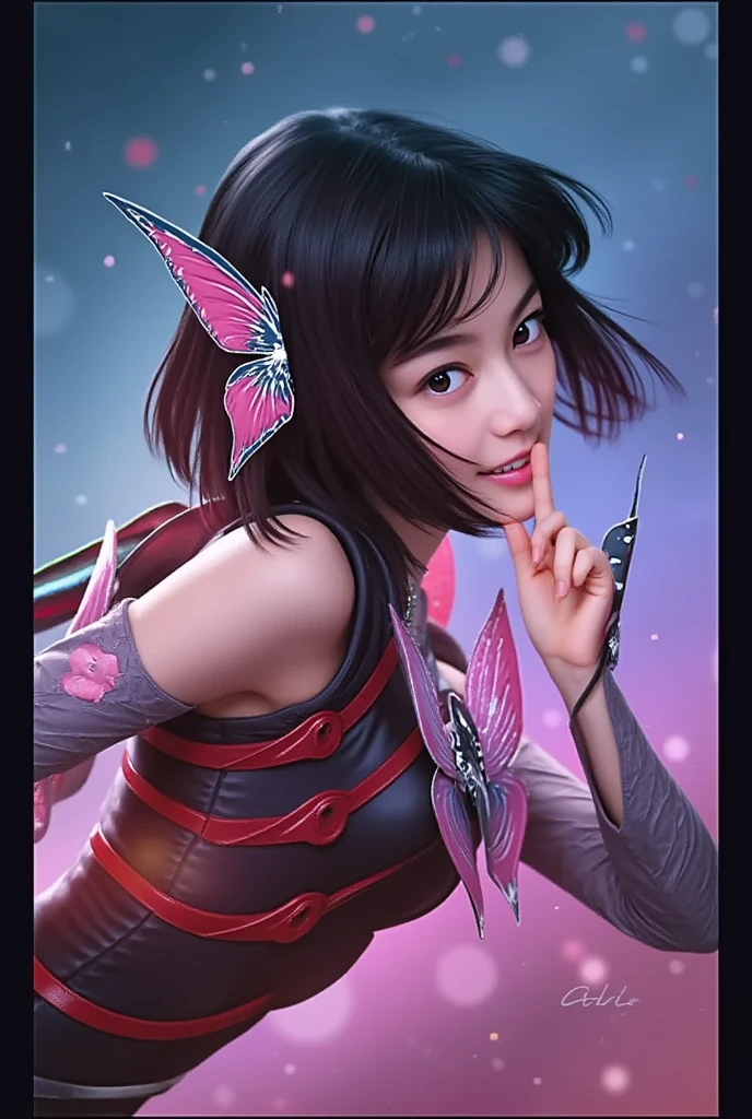 a close up of a girl with a butterfly on her head, butterfly on head, beautiful detailed eyes, beautiful detailed lips, sexy smile,extremely detailed eyes and face, long eyelashes, delicate features, serene expression, soft lighting, warm colors, cinematic, portrait, high quality, 8k, realistic, photorealistic