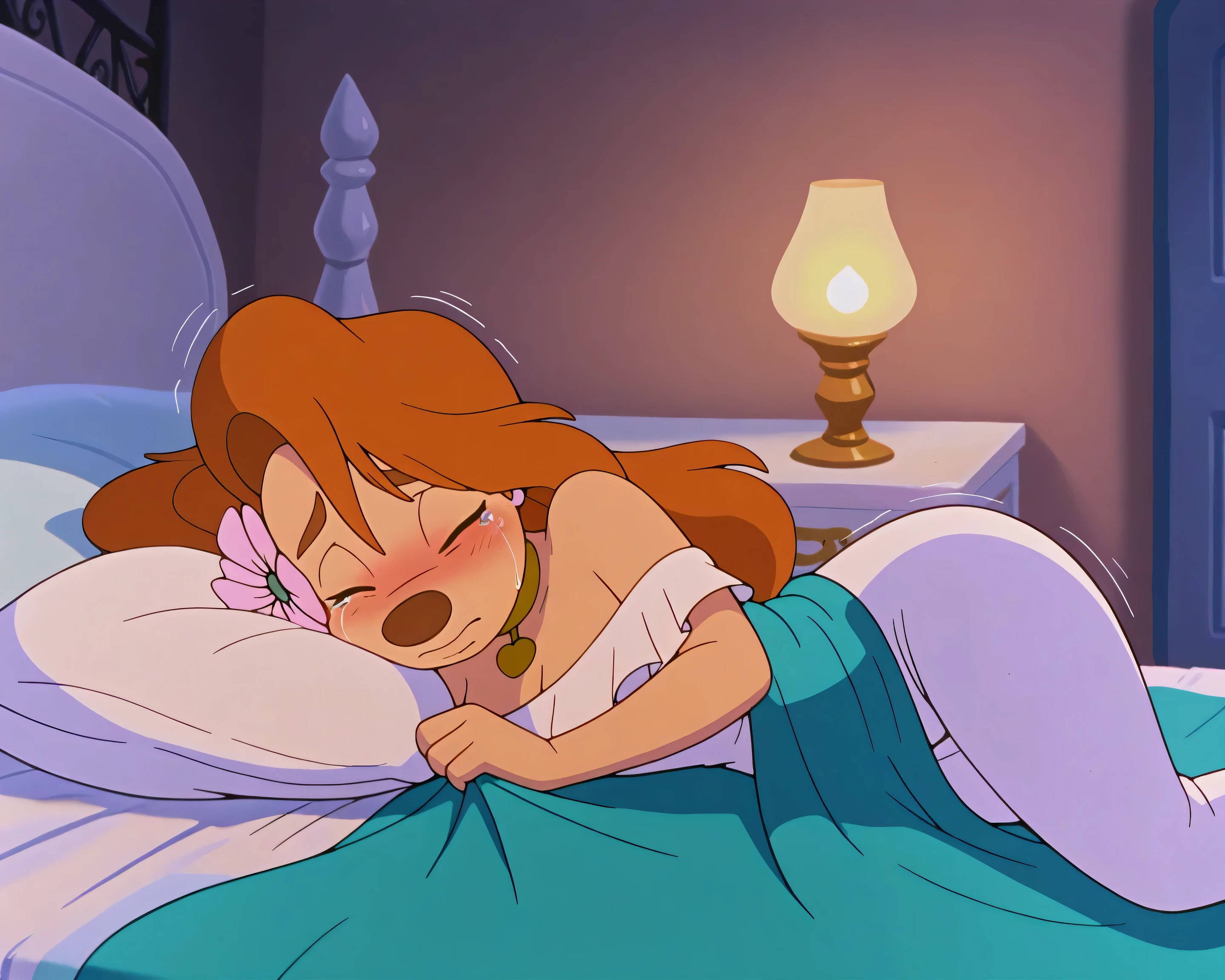 1girl, roxanne, furry female, white dress, lying on bed, hair flower, gold choker, lying on side, underneath covers, shy, fear, scared expression, sad, tears, blushing, eyes closed, crying, shivering, king size bed, huge bed, dimly lit room, dim lamplight, huge bed, massive bed, gigantic bed, big quilt, thick blankets, pillows, throw pillows, (masterpiece,best quality,newest,absurdres,highres)