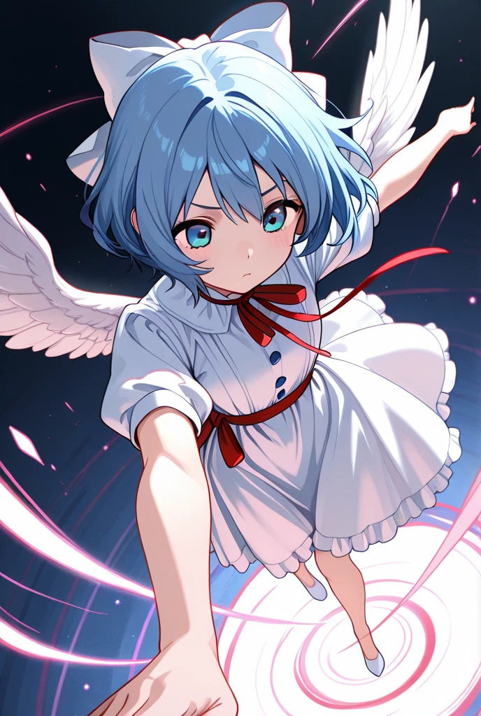 (best quality,4k,8k,highres,masterpiece:1.2), ultra-detailed, highly detailed texture, intricate details, A cute teenage angel with blue eyes, drawn in anime style, 1girl, , , 10 years old, medium blue hair, hair flaps, pink ribbon on head, well-formed face, blue eyes, angel girl, white blouse, puffy short sleeves, red ribbon, angel wings, long white skirt, red shoes, frills, ribbon head, A pair of angel wings on the back