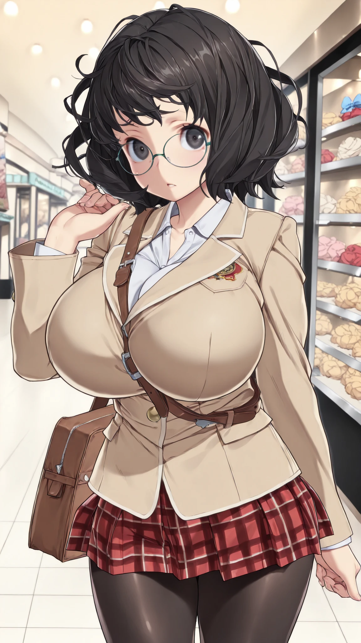 tinkle bell,gu1lty,dark eyes、glasses、((Beautiful girl、Female High School Student、Shoulder Bag、huge breasts:2.5、unkempt hair、short hair、brown jacket、red plaid skirt、black tights、Deserted mall、dark haired、1girl、solo)),High Quality,standing picture in meadow、high image quality、anime style