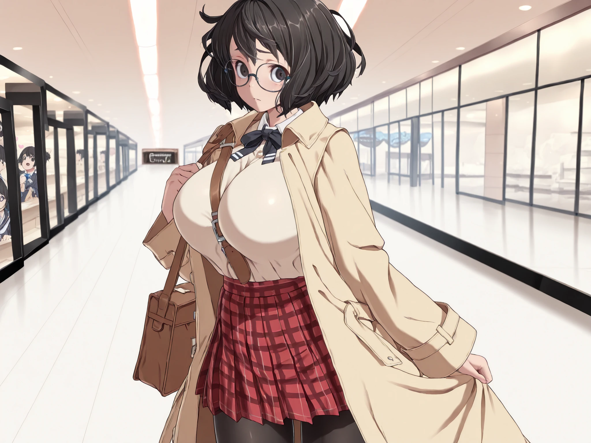 tinkle bell,gu1lty,dark eyes、glasses、((Beautiful girl、Female High School Student、Shoulder Bag、huge breasts:2.5、unkempt hair、short hair、brown mods coat、red plaid skirt、black tights、Deserted mall、dark haired、1girl、solo)),High Quality,standing picture in meadow、high image quality、anime style