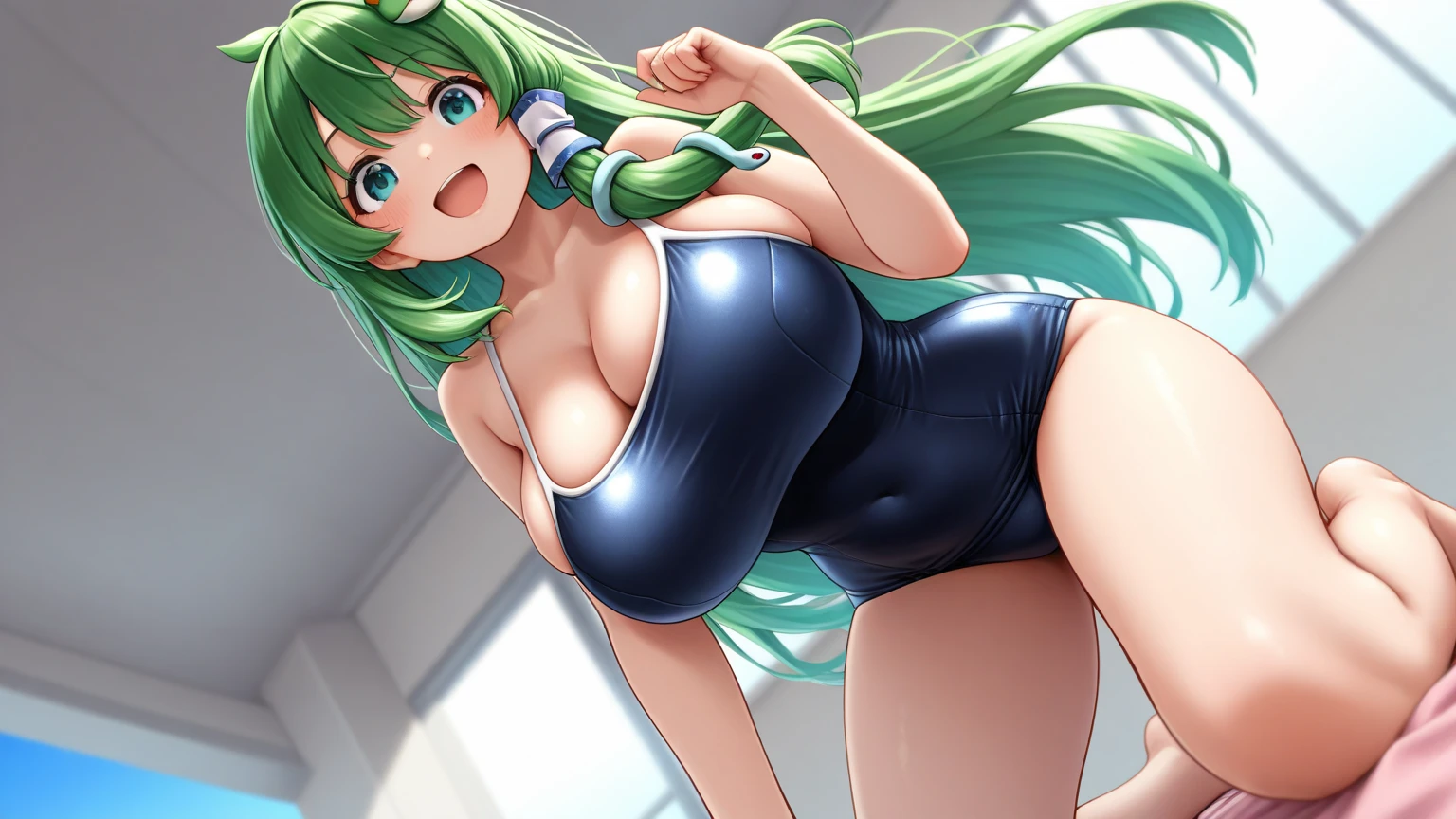 masterpiece、Highest quality、Best image quality、High resolution、Big Breasts、Black school swimsuit、Muji school swimsuit、Green Hair、Shortcuts、Green Eyes