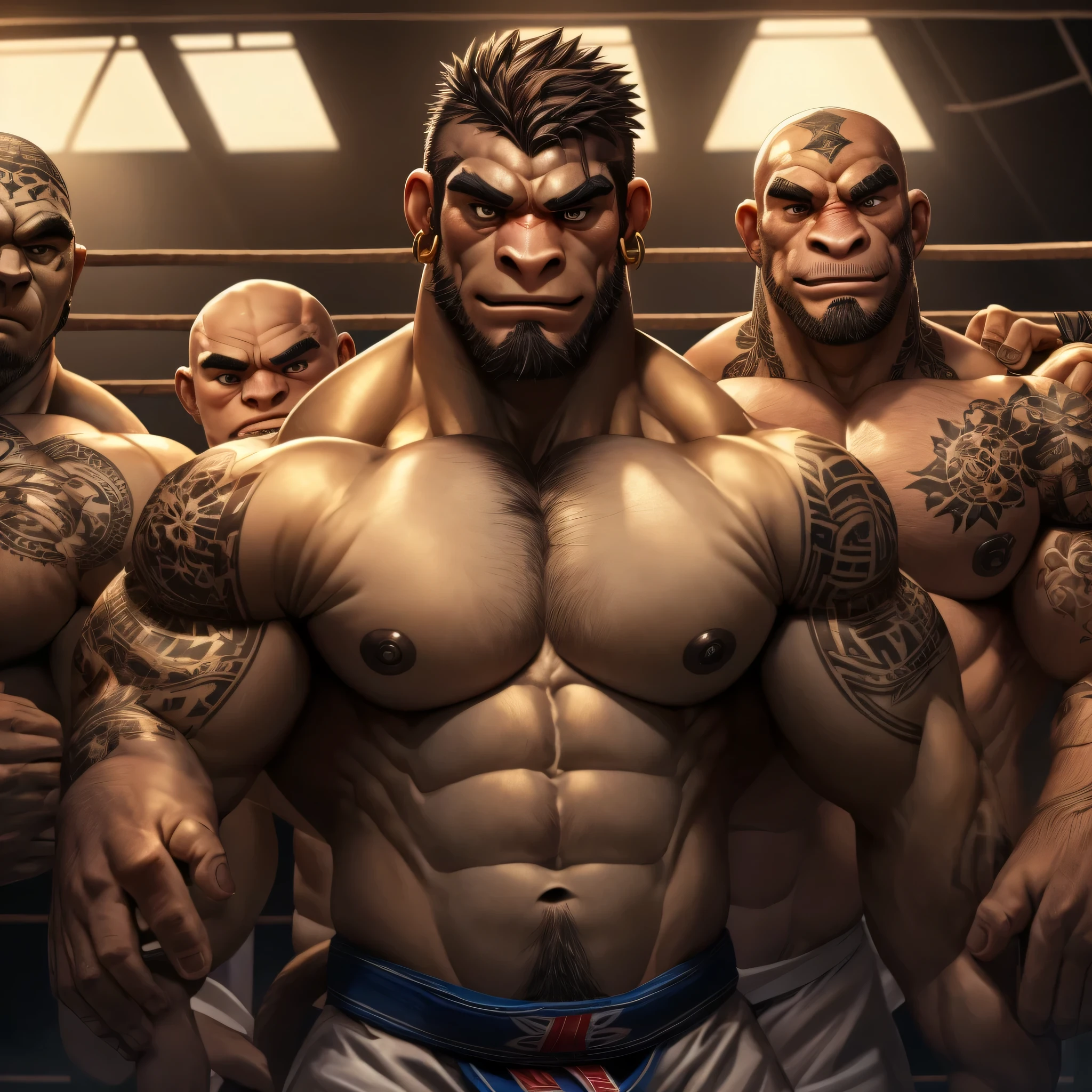 (High Detail:0.9); (Masterpiece:0.9); young athletic grappler, wrestler naked criminal bulgarian slavic monkey-man, jiu jitsu, powerful, strong, hulking, yakuza tattooed, piercing, ear hoops rugged, masculine, bald, sexy, manly, male, penis, testicles,