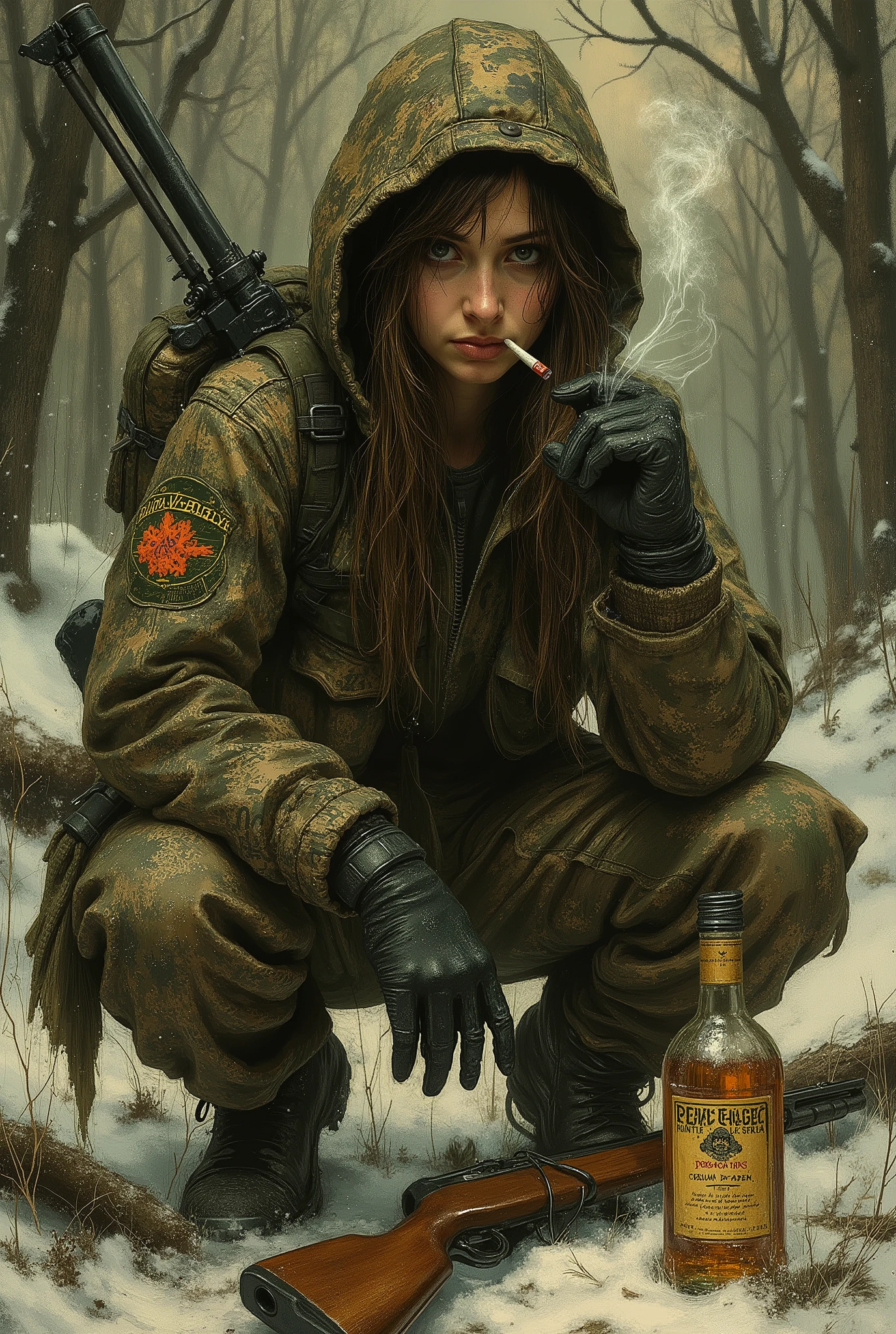 dr4v0sk, 1 girl, forest hunter, lettering on clothes, earflaps, camouflage jumpsuit with hood, Slav squatting, gun on the ground, bottle of vodka, cigarette in mouth, weapon, detailed study, digital illustration, smoking, smug expression, hunting story, squatting pose, snow, black gloves without fingers, detailed text, from the side, Dutch perspective, masterpiece, best quality, amazing quality, very aesthetic, absurd, latest, depth of field, foreshortening, blurred image, blurred foreground, blurred edges, look at the viewer