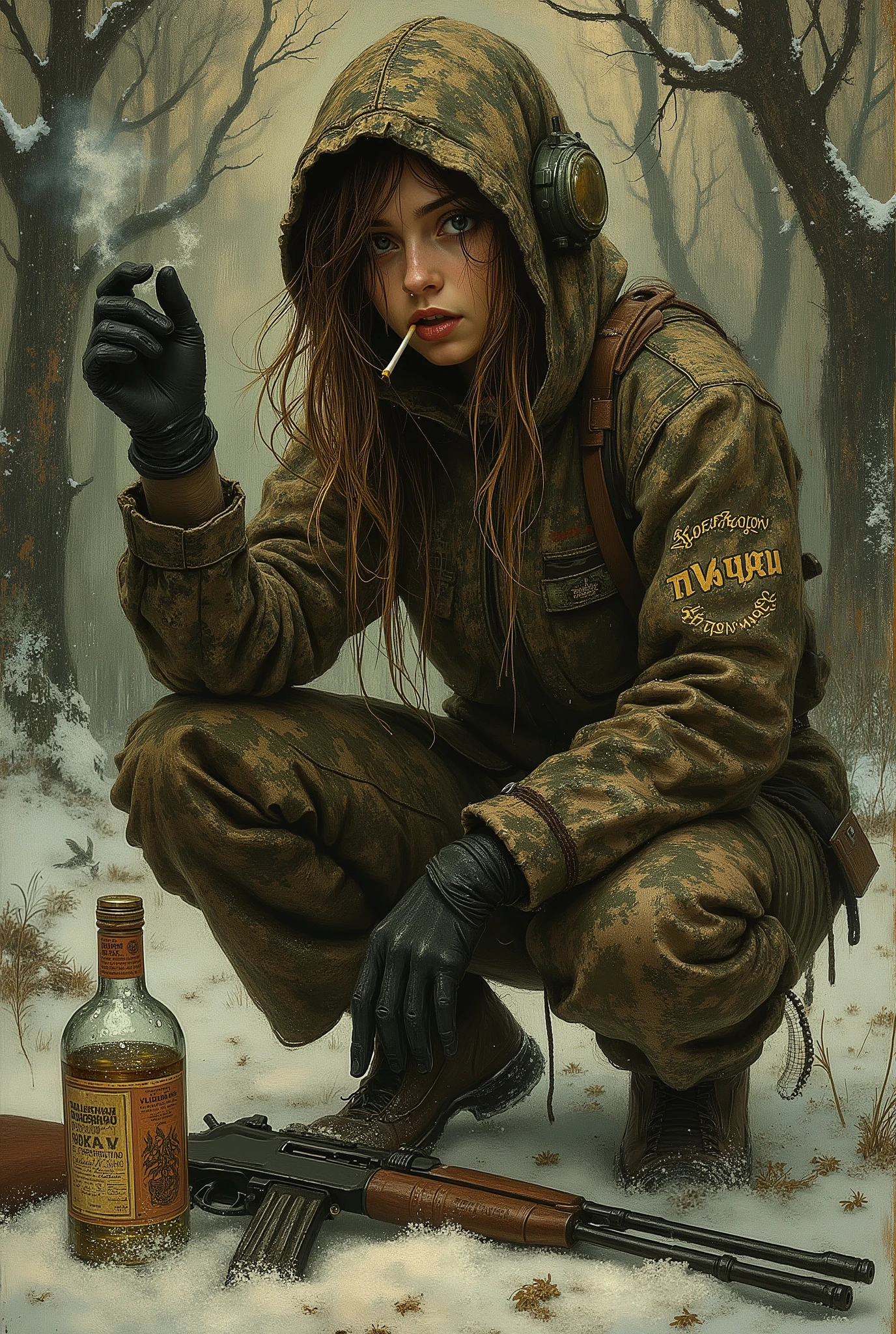 dr4v0sk, 1 girl, forest hunter, lettering on clothes, earflaps, camouflage jumpsuit with hood, Slav squatting, gun on the ground, bottle of vodka, cigarette in mouth, weapon, detailed study, digital illustration, smoking, smug expression, hunting story, squatting pose, snow, black gloves without fingers, detailed text, from the side, Dutch perspective, masterpiece, best quality, amazing quality, very aesthetic, absurd, latest, depth of field, foreshortening, blurred image, blurred foreground, blurred edges, look at the viewer