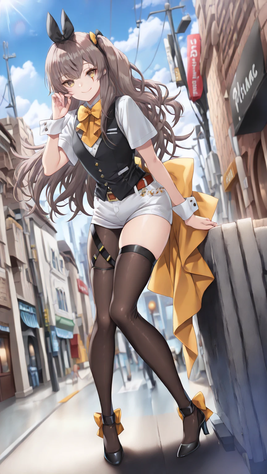 1girll，，Wings，
exteriors，the street，view over city，demon tail，
Place your left hand on your chest，venom symbiote，venomize，natta，high-heels，Violet blue clothes，Black and white high heels，Pattern，decor，Golden hair，Brown hair，The demon controls the nun，frilld，Lace trim，Clothing style, Clothing prints，Bangs trimmed，The wand rested between his thighs，Translucent skirt，standing on your feet，eyes glowing