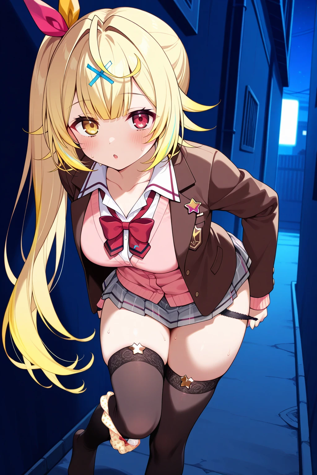 1girl,aircraft,airplane,between breasts,black thighhighs,blonde hair,breasts,ensored,female pubic hair,from below,garter straps,hair ornament,large areolae,large breasts,long hair,mosaic censoring,necktie,necktie between breasts,nipples,pubic hair,pussy,pussy juice,red necktie,rigging,single garter strap,epread pussy,thighhighs,yellow eyes