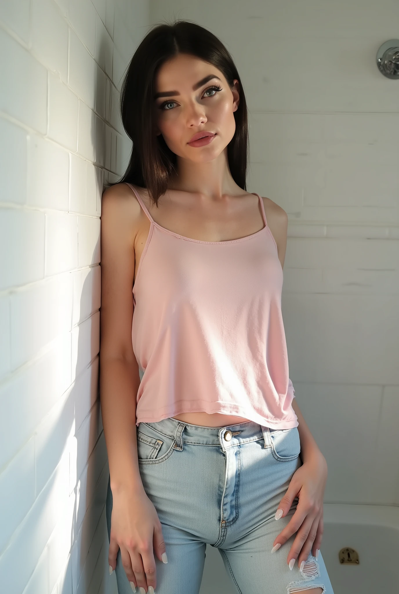 Androgynous young adult exploring gender expression, posed alluringly against white subway tiles. Face features delicate winged eyeliner and glossy lips catching the light. Slender frame dressed in a loose-fitting pastel pink tank top over flat chest, paired with tight light-washed distressed jeans with a noticeable bulge in the crotch area, the denim visibly stretching across what's concealed underneath. Perfectly manicured fingernails rest against the tiled wall. Clean, bright bathroom interior with minimalist fixtures, morning light filtering through creating a dreamy atmosphere. Professional fashion photography style with perfect focus and natural color grading.