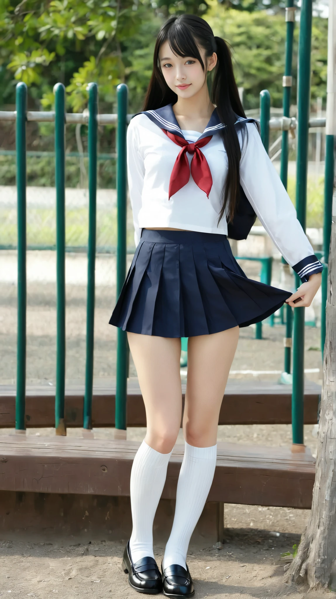 Realistic female high school student standing on the playground、long sleeve sailor suit、miniskirt、pretty face、high socks、loafers、full body view
