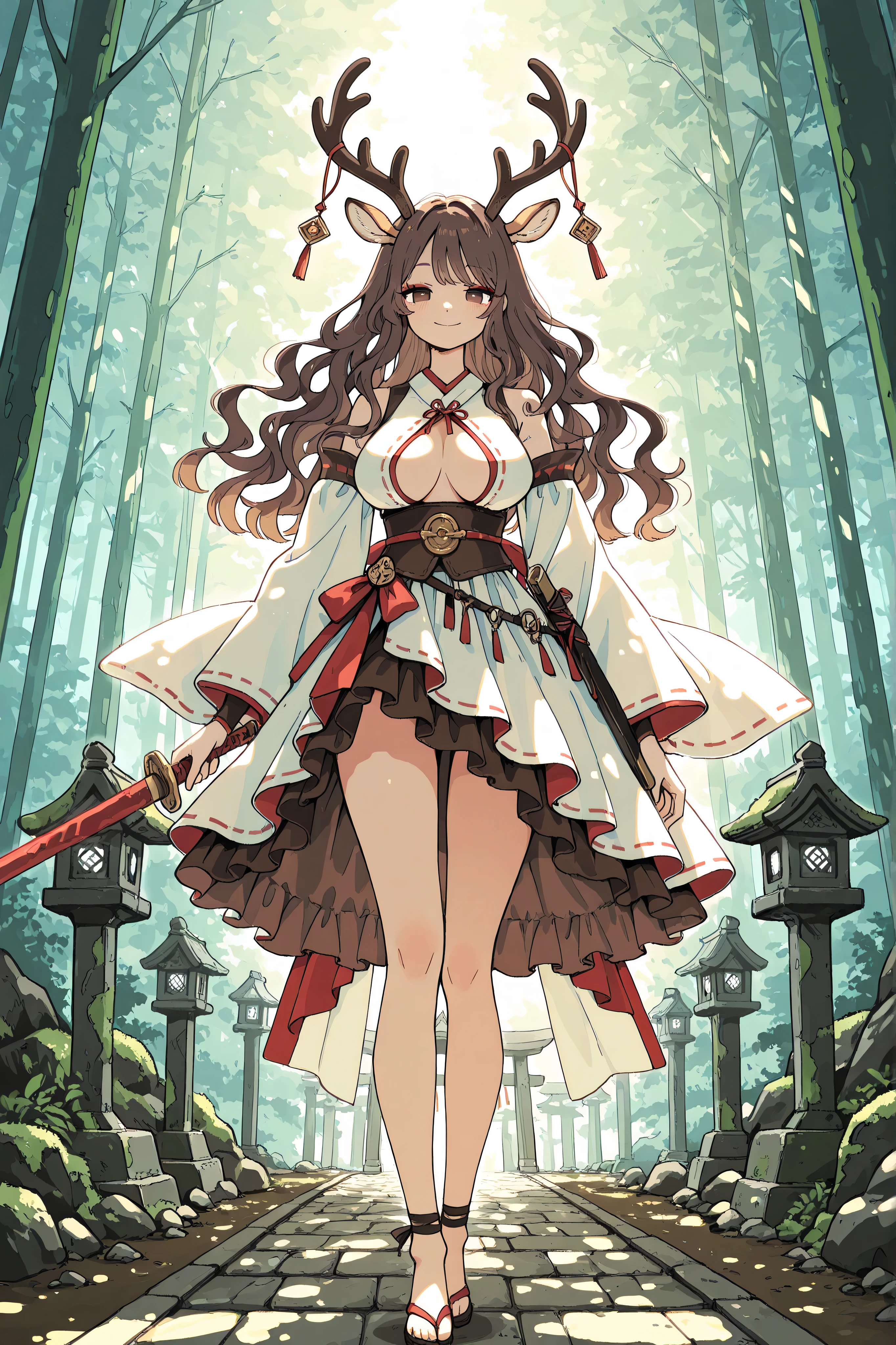 ** high quality anime style 、No paper quality、8K full-body composition。
Background、A mysterious shrine path lined with moss-covered stone lanterns、
Sunlight filtering through the trees from the forest、A deer walking beside the shrine path。
The character is a beautiful Japanese fantasy woman who personifies Nara Prefecture。
Cool, narrow eyes、Light reddish eye makeup、
long lashes、A quiet and elegant smile、
A beautiful Japanese woman with a slender nose。
black〜Long, dark brown wavy hair swaying in the wind。
In hand、She is holding a heavy fantasy weapon made from multiple giant deer antlers。
An oddly shaped figure with entwined horns、Giving off a natural, hard luster。
The costume is a revealing Japanese fantasy dress。
deep chest、Thigh Slits、
Thin multi-layer skirts swaying in the wind。**