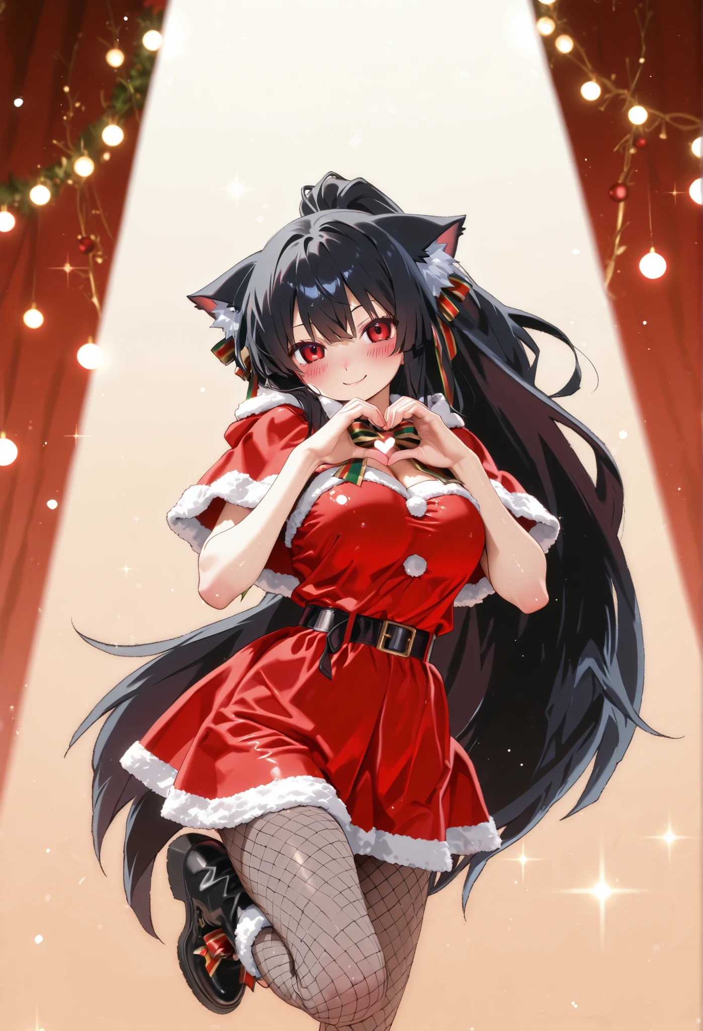 one girl、womanhood、Blush、cute、 Global Illumination、hdri、Scattered beneath the surface、masterpiece、4K、ray tracing、 beautiful、sharp、Smooth Skin、Anime Painting、cute face black hair、long hair、ponytail、cat ears、red eyes、red eyes、big breasts、Looking at viewer Santa Claus costume、sexy Santa Claus、accessory(ribbon)、 smile、heart hands、standing on one leg Christmas、christmas decoration、