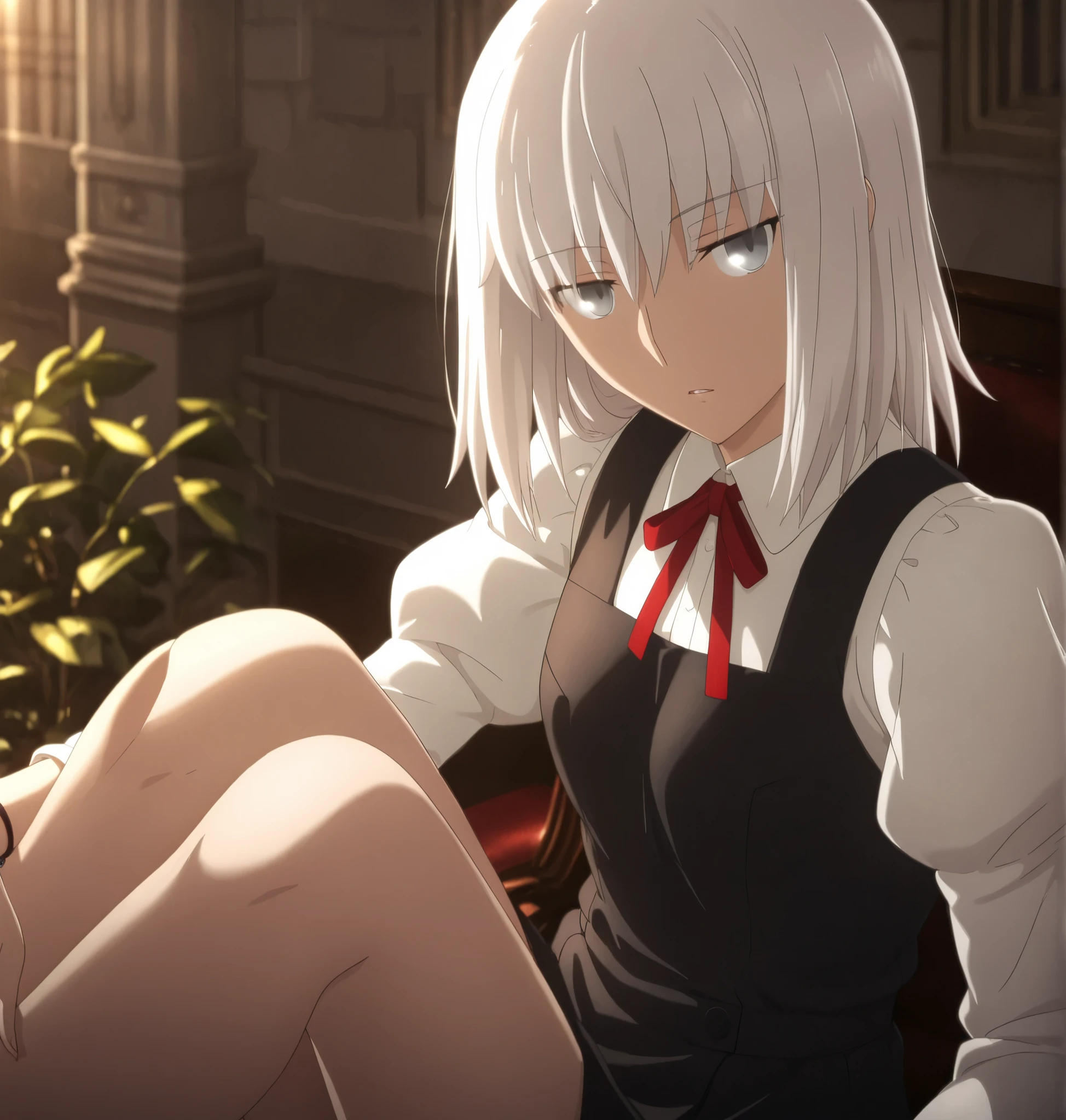 ufotable style ,masterpiece,best quality,good quality,newest, 8k, , from above, from side,
indoors ,((cinematic light, sunlight, backlight)), (sitting ), (plant ,detailed background, mansion),parted lips, , 
expressionless, 
looking at viewer, head tilt, bracelet,  ,(hair over eyes:0.9),wispy bangs, long bangs, long legs,
solo,
(anime coloring, anime screencap), 
fate heaven`s feel official style, 1 mature girl, wolf cut hair,(white hair, ),(medium hair, ),(tsurime ,jitome), (light gray eyes),slim long arms,(small chest),(tall girl, aged up, :1.31),
cowboy shot, , ,knees up
(short jumper skirt, , mini pinafore, micro jumper, seifuku),neck ribbon, narrow ribbon, bare thighs, slim legs, ,