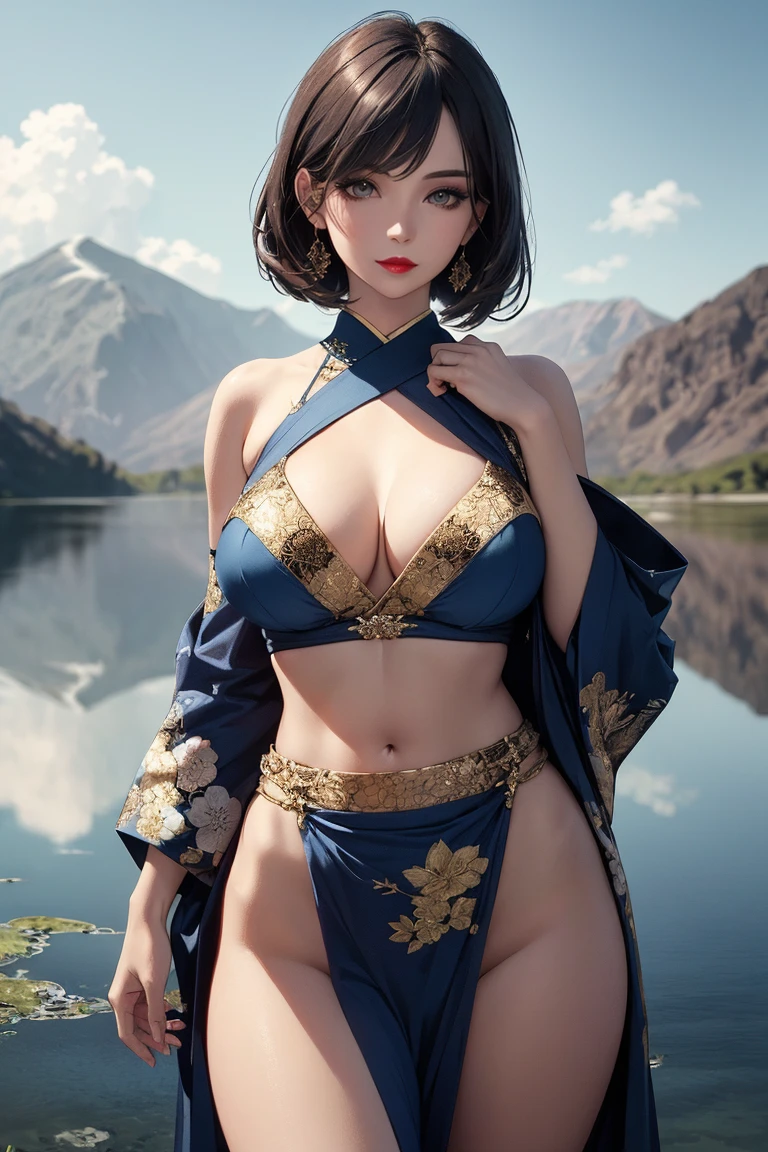 1girl, cute face,pretty face, jaw dropping beauty, cute smile,Indian clothes, Indian mythology dress, blue lehenga and choli, beautiful lehenga and choli , pony tail, standing,((ultra high detailed 1.9)),((ultra high resolution 1.9)),((ultra high quality 1.9)),(masterpiece)), (perfect lightings), (very Big breasts 1.9)), ultra huge breast, deep neckline sexy navel, showing her body 