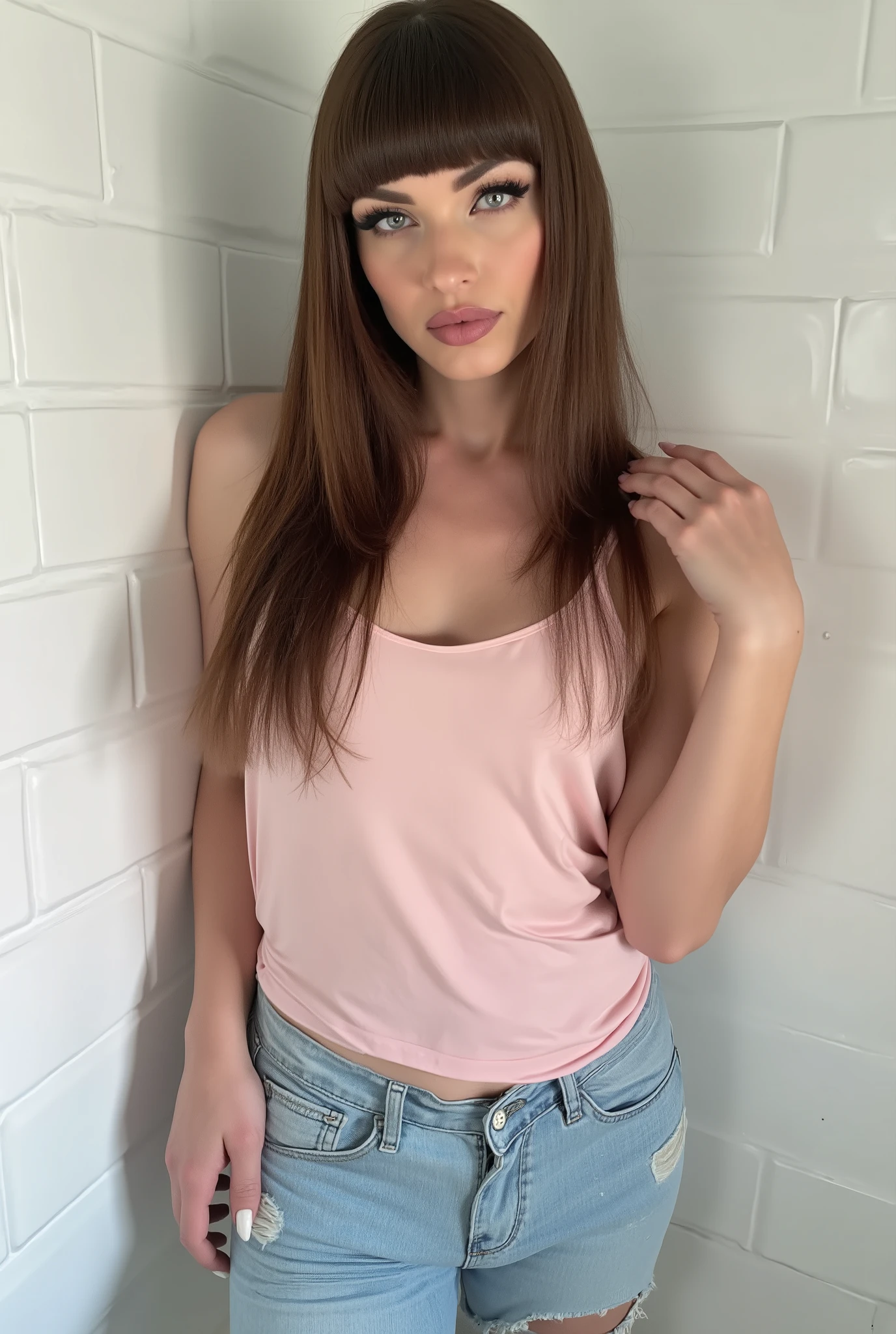 Beautiful androgynous figure with mesmerizing eyes and long brown hair featuring precise blunt bangs, posed seductively against pristine white subway tiles. Face adorned with perfect winged eyeliner and glossy lips catching highlights. Their slim physique dressed in a loose pastel pink tank top that flows over their flat chest, contrasting with form-fitting light-washed distressed jeans that highlight a pronounced bulge in the crotch area, the denim visibly straining across what's underneath. Perfectly groomed fingernails visible against the tiled backdrop. Clean, modern bathroom interior with minimalist aesthetic, bathed in soft morning light. High-end fashion photography with flawless focus.