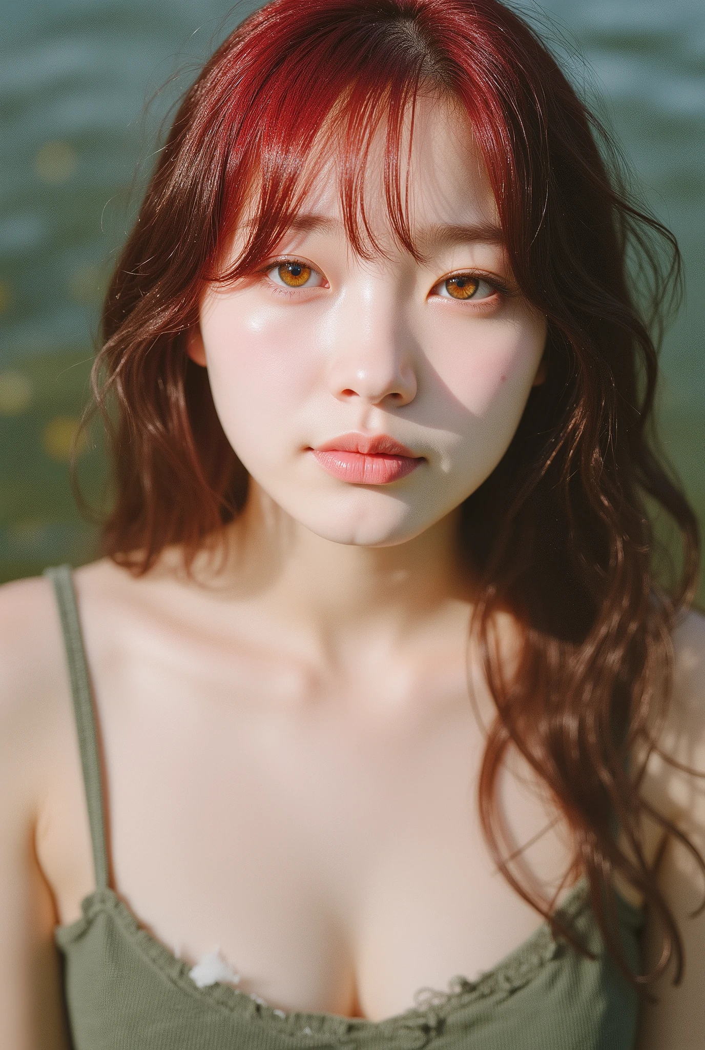 (realistic beautiful Korean woman:1.4), masterpiece, best quality, ultra-detailed, photorealistic, analog realism, stunning detail, precise, high resolution, (22 years old), (Korean idol style), beautiful detailed eyes, natural soft light, calm expression, shy smile, (messy brown long hair:1.3), (half red and half short hair:1.3), slightly tousled bangs, slim legs, large breasts, voluptuous bust:1.2, charming body shape, model pose, cinematic composition, vivid focus, beauty mix, film grain, realhands, (khaki tank top and denim shorts:1.3), (slight chest glance), sitting with feet dipped in water:1.5, deep in the jungle:1.5, full body shot:1.3, top-down shot:1.5, backlit with very bright lighting, solo, (behind her: bald man with delicate facial features), expressive smiling eyes, acceptance of reality