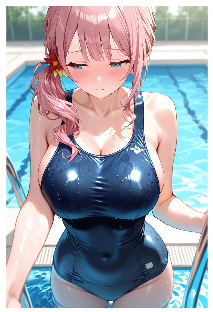 {{{masterpiece}}}, {{{best quality}}}, {{ultra-detailed}}, {illustration}, {{an extremely delicate and beautiful}}, (beautiful detailed eyes:1.6), extremely detailed face, 8k, anime face, nodoka haramura(Saki), cute face, blue eyes, hair bow, long hair, pink hair, red bow, twin tails, ?????????????, thin waist, big ????, curvaceous, BREAK,swimsuit, one-piece swimsuit, school swimsuit, old school swimsuit, (gris swimsuit:1.3), covered navel, collarbone, blue one-piece swimsuit, strap slip, BREAK, swimsuit aside, wet, pool, embarrassed, flushed cheeks, thighs, ???? arms, cowboy shot, standing, outdoor, sky, daytime, Dutch angle, ????????