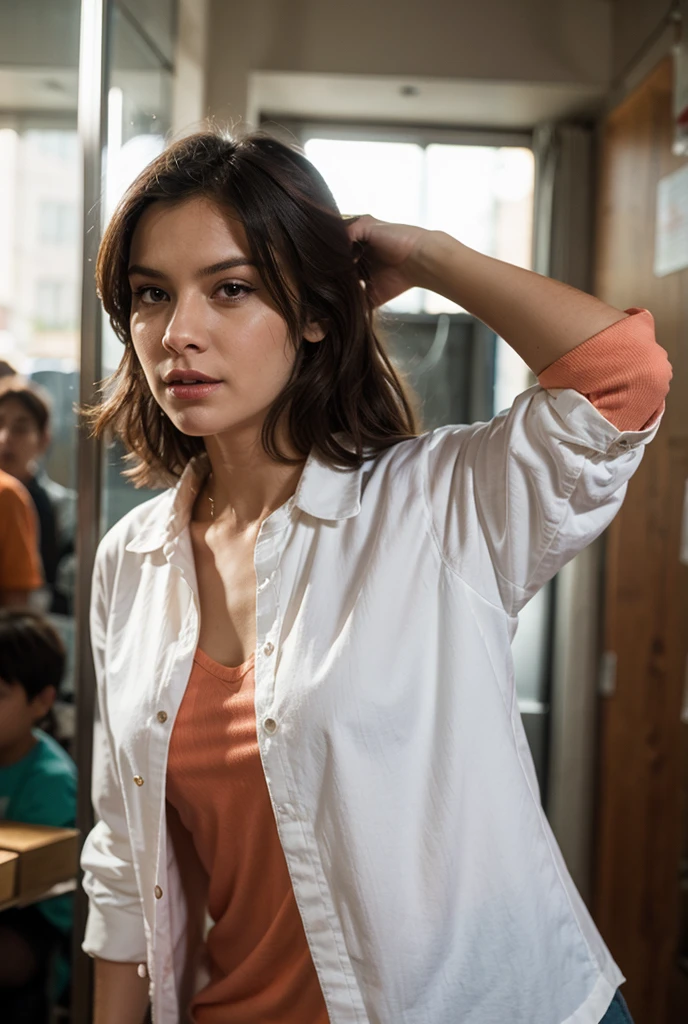 A Japanese woman wearing a white sleeveless blouse has her maxi skirt pulled up to reveal her lower abdomen.,Silver Necklace,Silver Watch,symmetric wavy short hair:1.2, wet:1.2,(photo Realistic:1.4), (hyper Realistic:1.4), (Realistic:1.3), (Smoother lighting:1.05), (Improve cinematic lighting quality:0.9), 32k, 40-year-old Japanese woman, Realistic lighting, Backlight, Light on the face, Ray tracing, (Bright light:1.2), (Improvement of quality:1.4), (Highest quality realistic textured skin:1.4), Detailed drawn eyes, Detailed painted face, Quality eyes, (Tired, sleepy and satisfied:0.0), Face close-up, (Enhance the mood of your body line:1.1), (Enhances the beauty of skin texture:1.1)