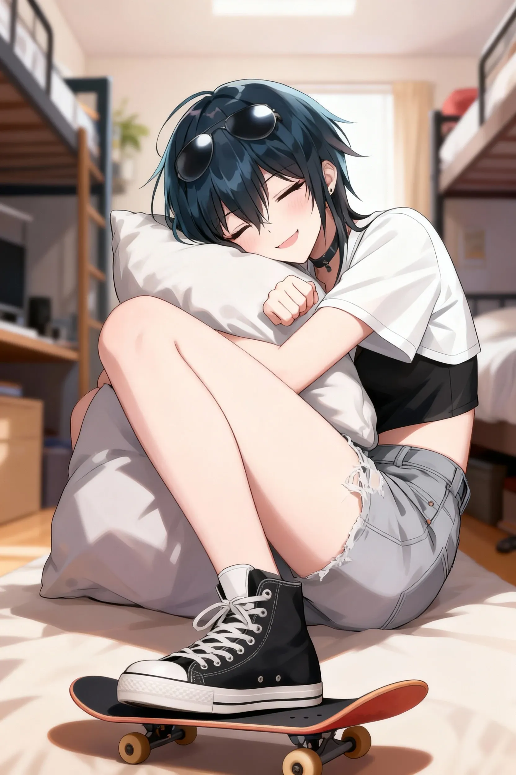 high quality,Black Hair、、short hair、Blue inner hair color mesh、Piercings in both ears、Neutral Facial Features、Wear a black T-shirt